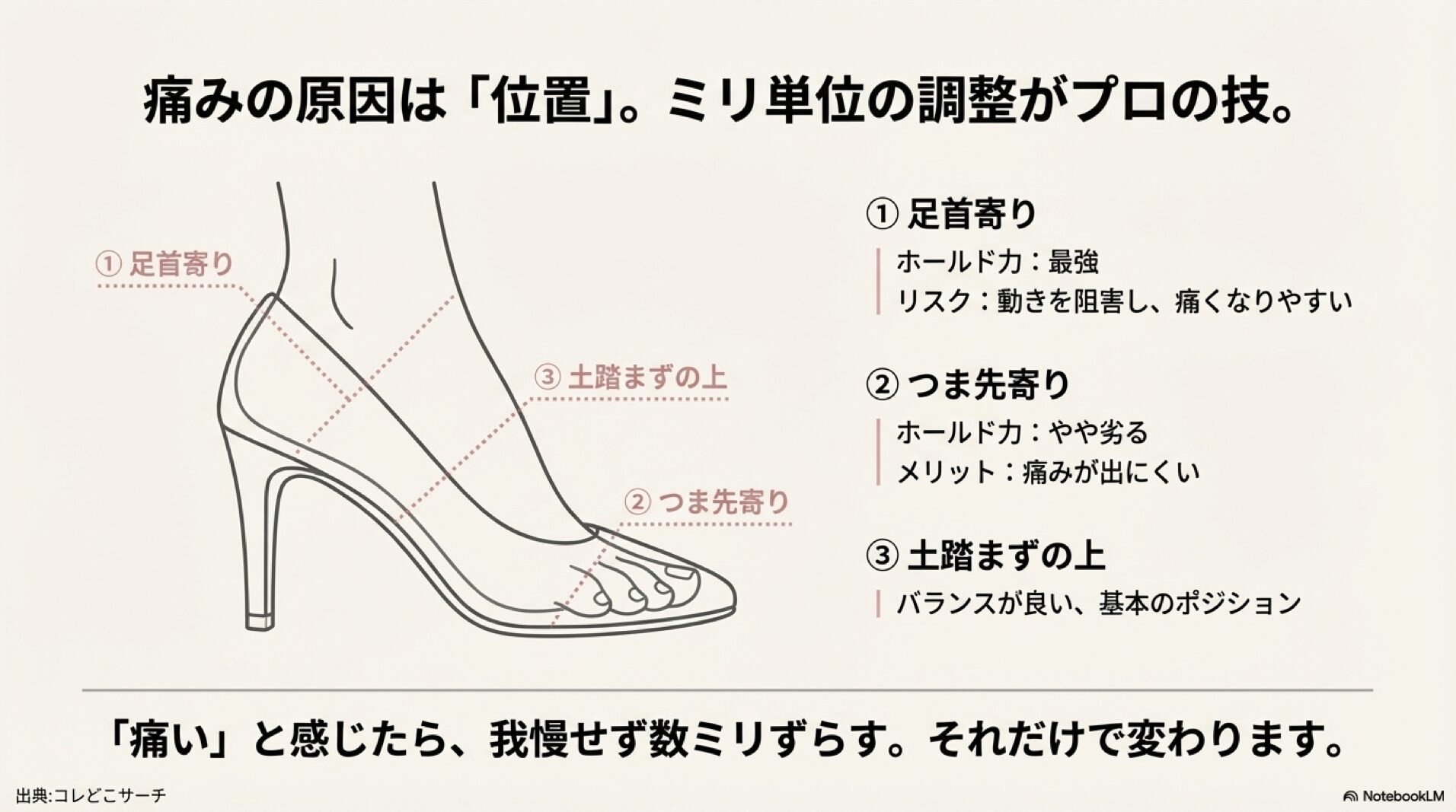 足首寄り、つま先寄り、土踏まずの上の3箇所におけるバンドのホールド力と痛みリスクの違いを示した足の図解イラスト。