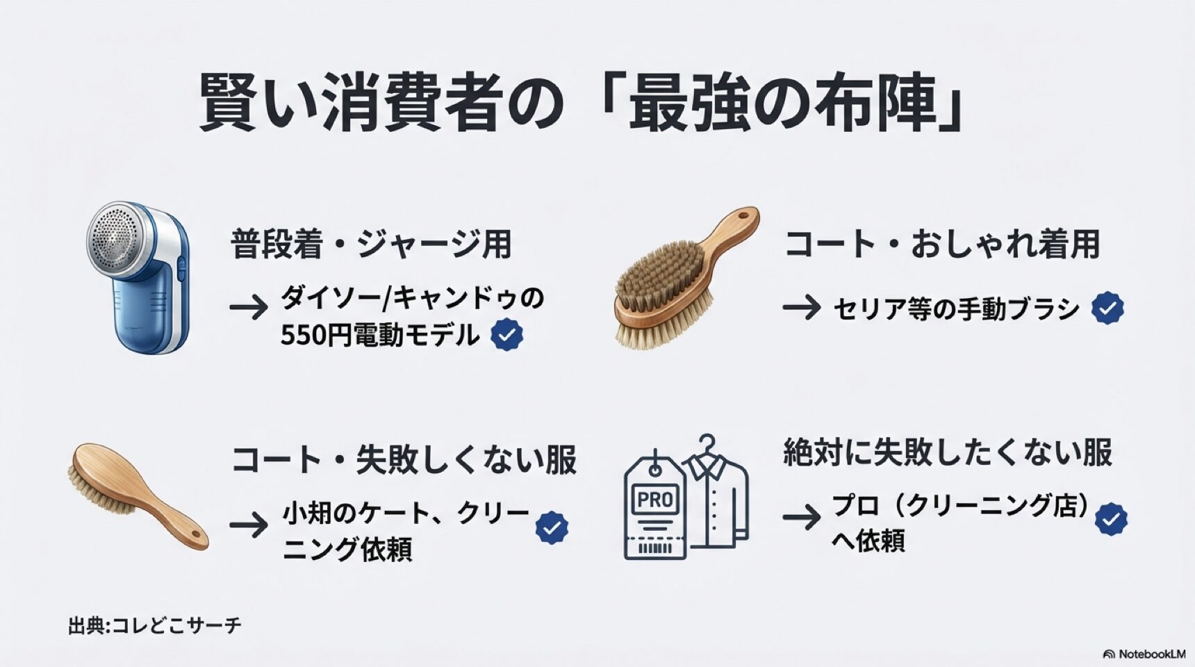 賢い消費者の最強の布陣：普段着は550円電動モデル、おしゃれ着は手動ブラシ、絶対に失敗したくない服はプロへ依頼する
