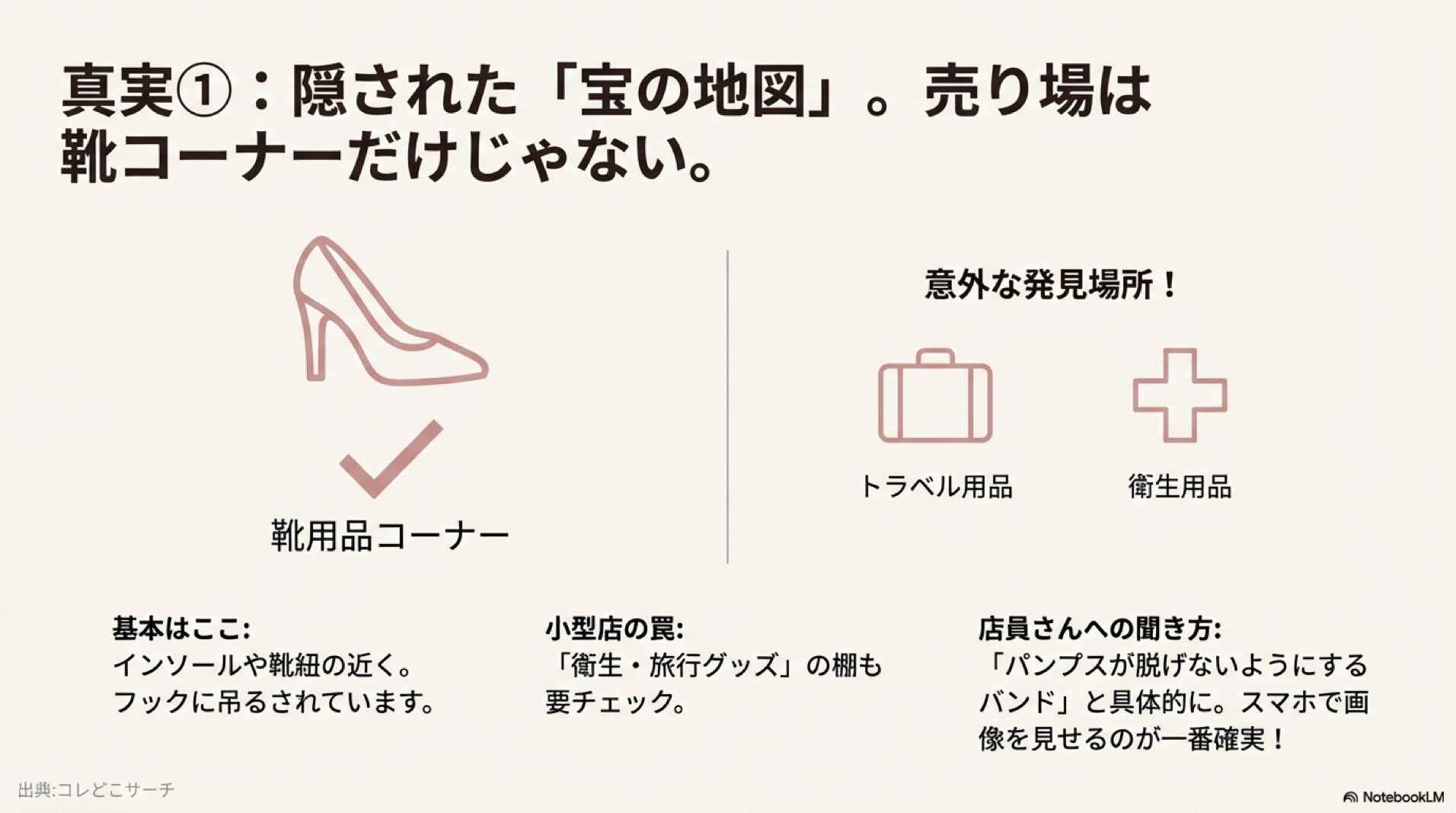 靴用品コーナーだけでなく、トラベル用品や衛生用品コーナーにも売り場があることを示す、100均店内の売り場マップと店員への聞き方のコツ。