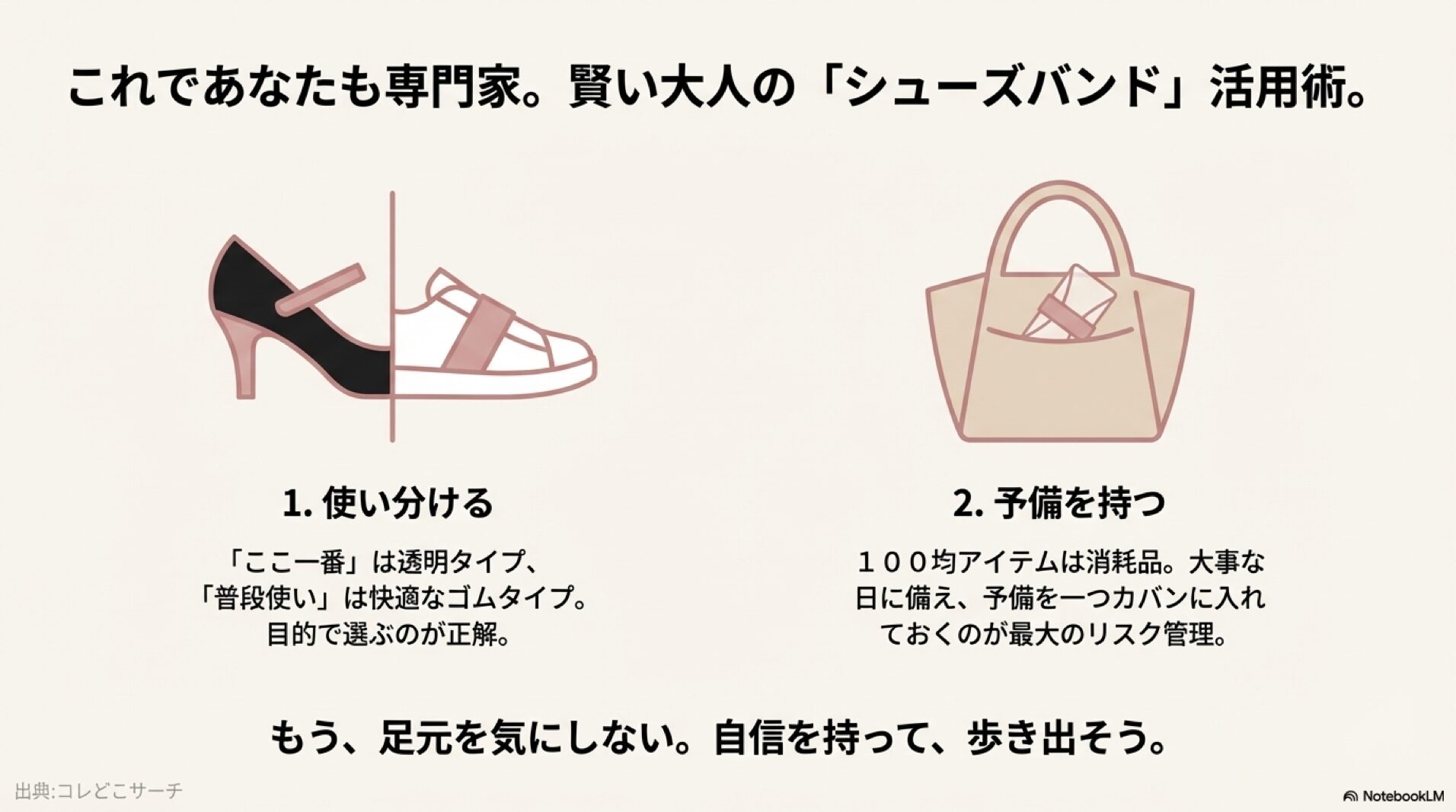 シーンによる使い分けと、予備を持つ重要性を説く「賢い大人のシューズバンド活用術」をまとめたスライド。
