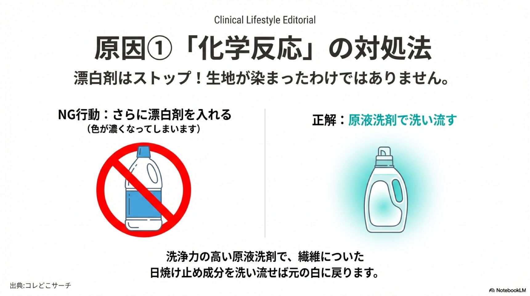 日焼け止め成分による化学反応には漂白剤はNG。色が濃くなるため、原液の洗剤で洗い流すのが正解。
