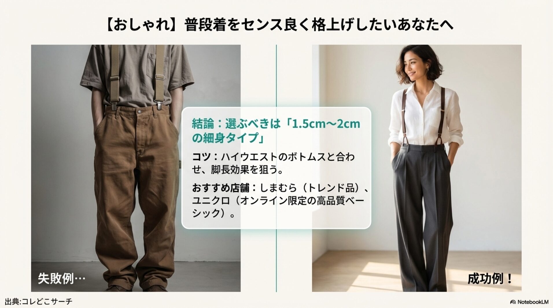 紳士服専門店を推奨し、ベルトとの同時着用はNGである旨を解説したスライド