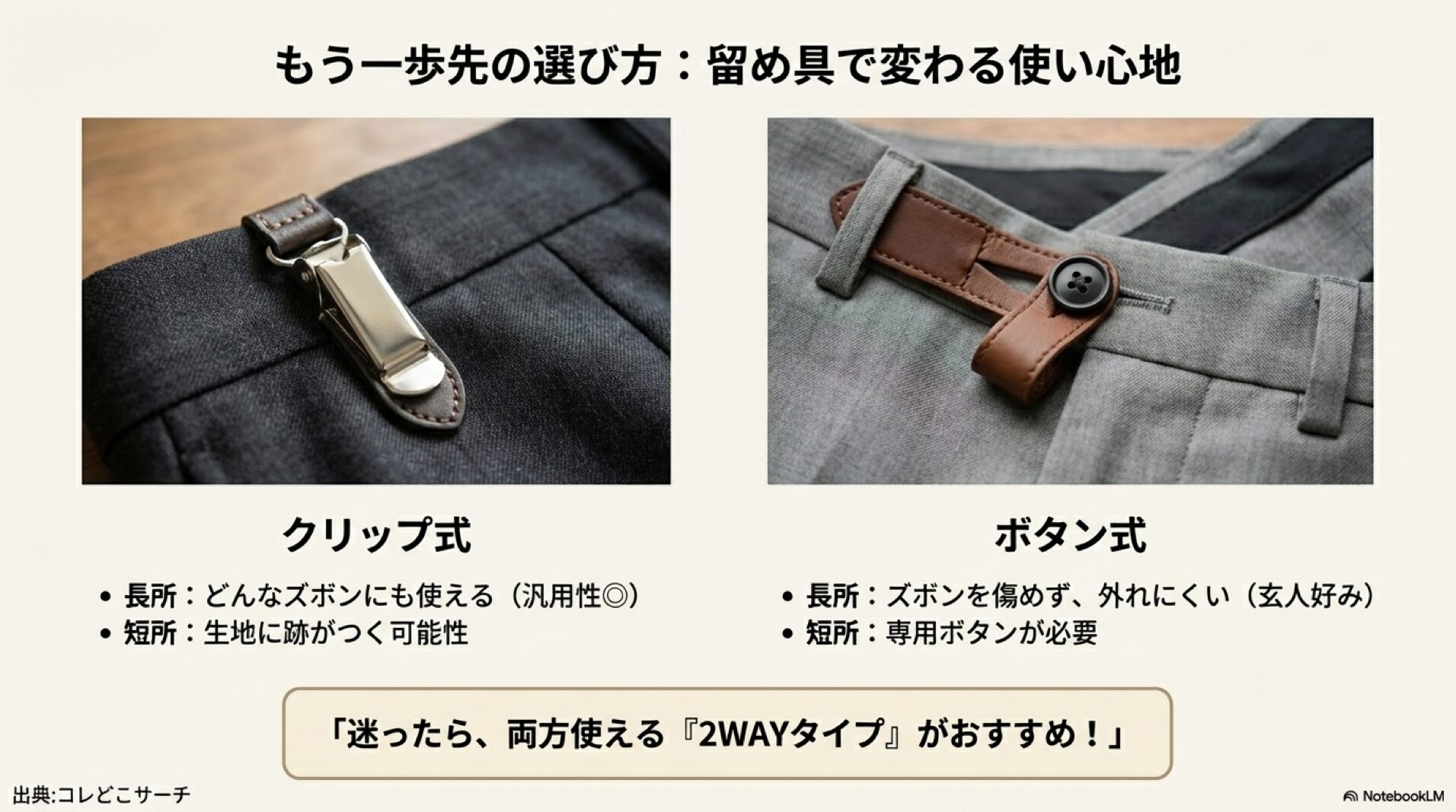 細身のサスペンダーとハイウエストパンツを合わせた成功例と、ダボっとした失敗例の比較画像