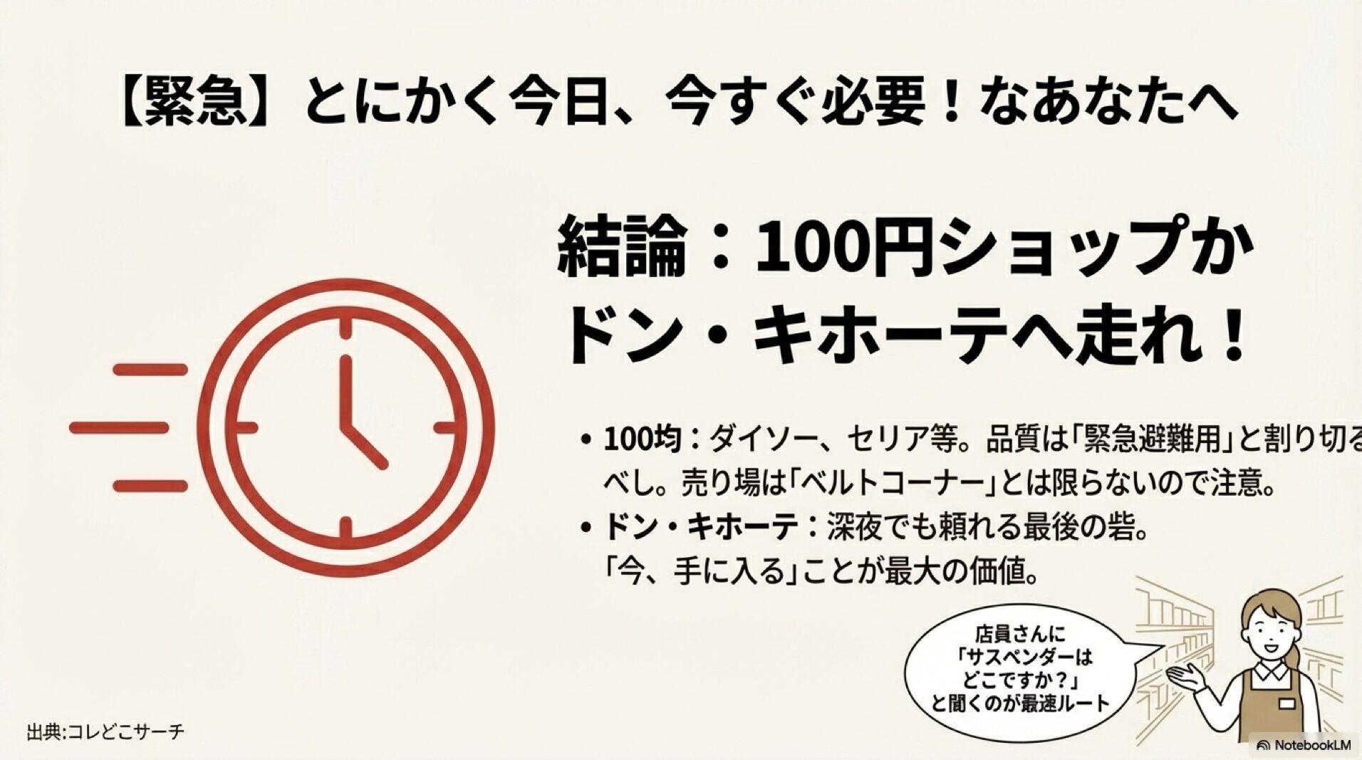 「とにかく今日必要」な人向けに、ダイソーやドン・キホーテを推奨する解説スライド