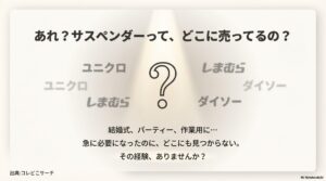 ユニクロ、しまむら、ダイソーのロゴと「あれ？サスペンダーってどこに売ってるの？」という疑問が書かれたアイキャッチ画像