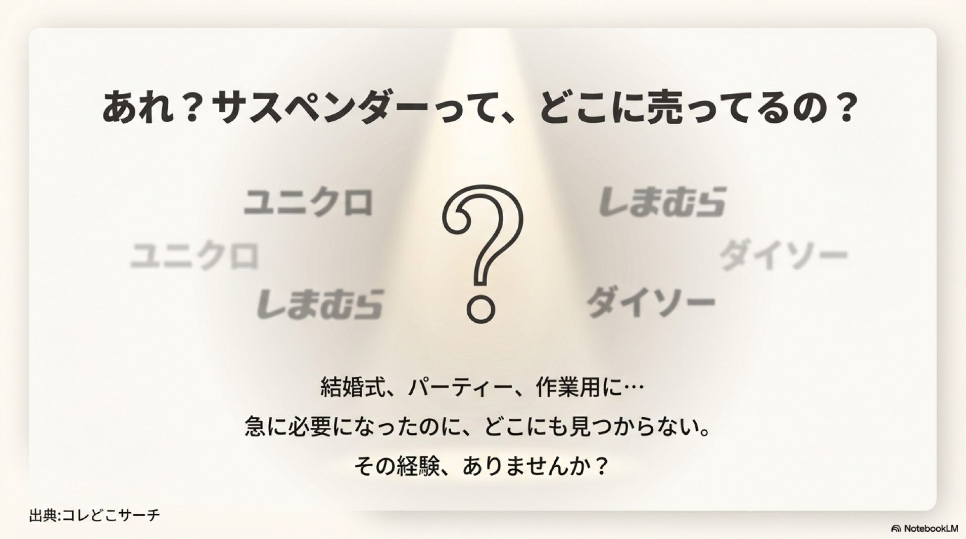 ユニクロ、しまむら、ダイソーのロゴと「あれ？サスペンダーってどこに売ってるの？」という疑問が書かれたアイキャッチ画像