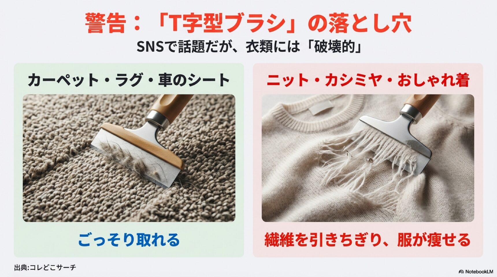 警告：SNSで話題のT字型ブラシは衣類には破壊的。カーペットには良いがニットなどでは繊維を引きちぎるリスクがある