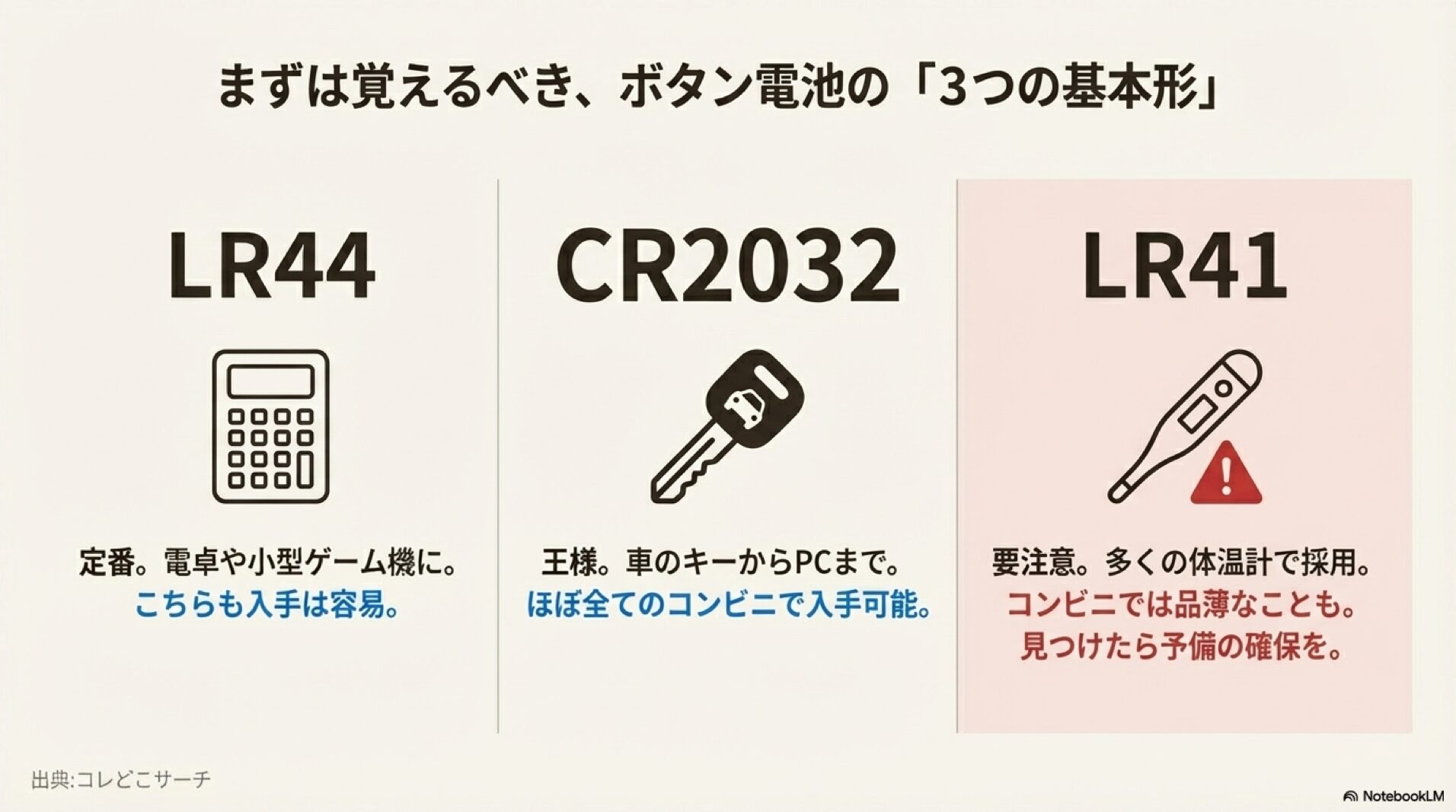 コンビニで買えるボタン電池の基本3種類。電卓用のLR44、車のキー用のCR2032、体温計用のLR41の特徴まとめ。