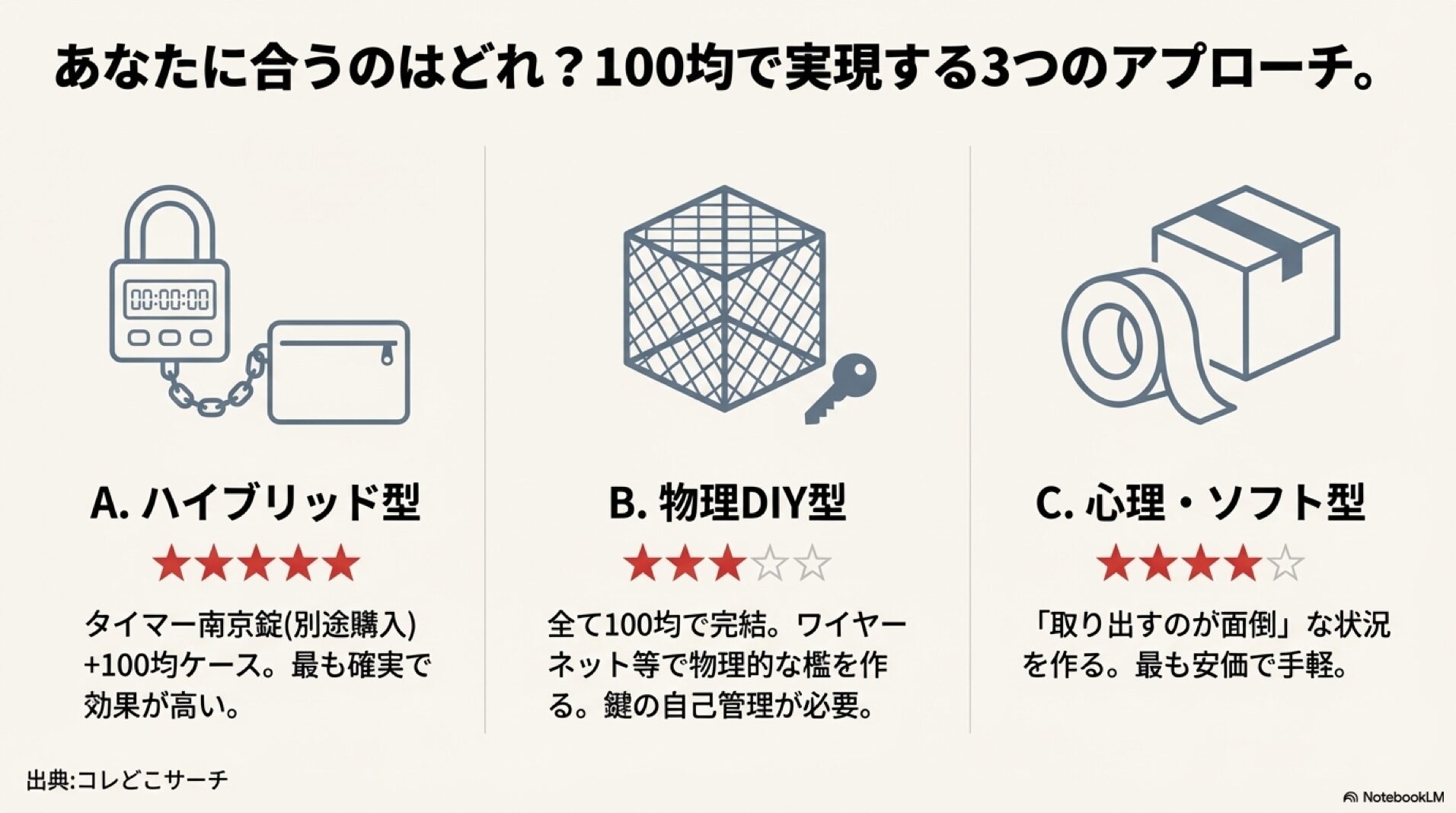 スマホ封印の3つのアプローチ。ハイブリッド型、物理DIY型、心理・ソフト型の比較チャート。