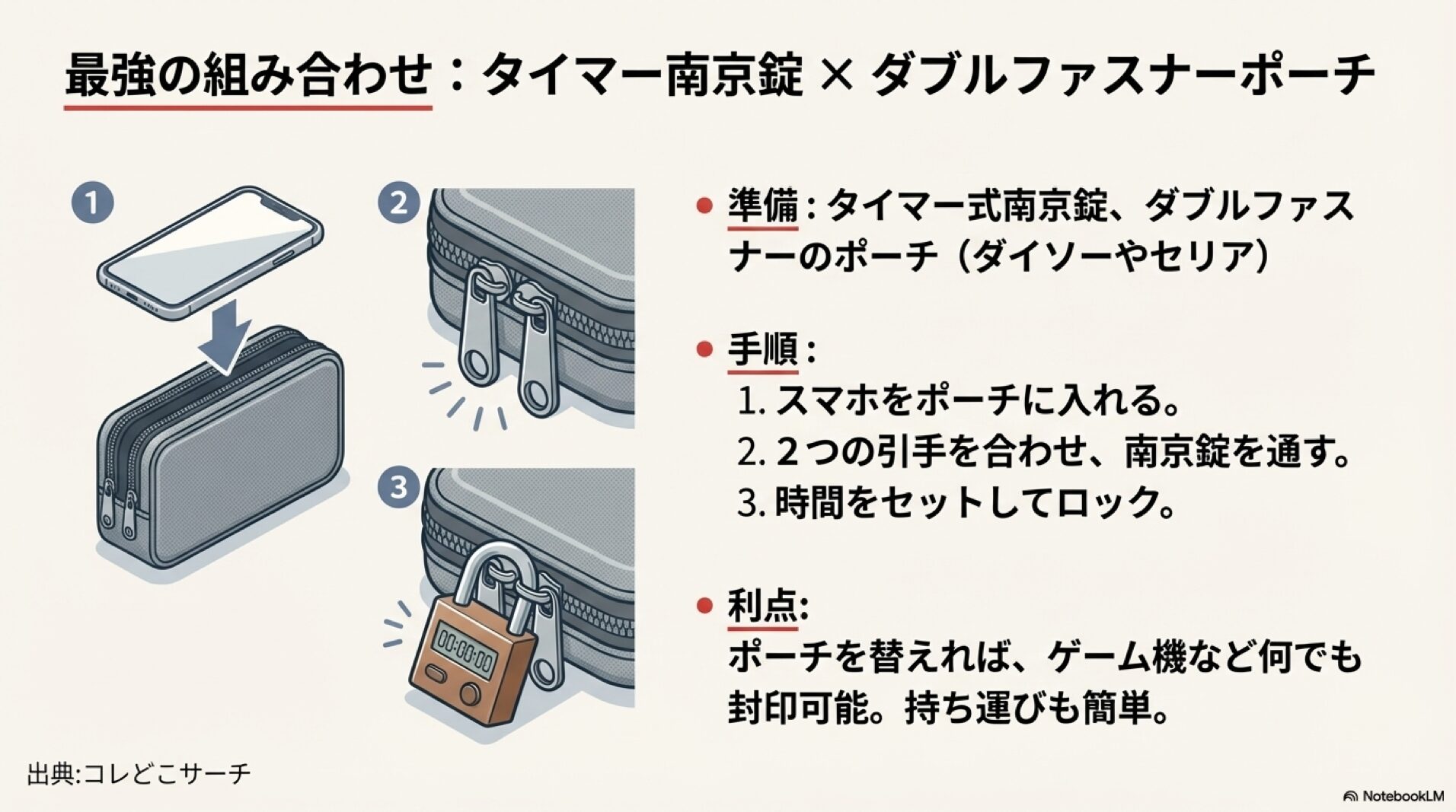 タイマー式南京錠とダブルファスナーポーチを組み合わせた、最も確実なスマホ封印ボックスの作り方。