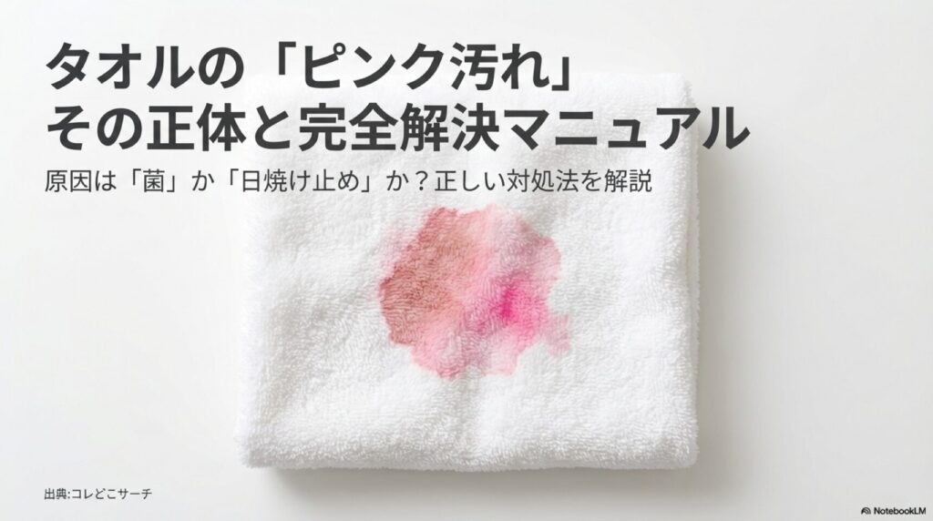 タオルのピンク汚れの正体と解決策を解説したタイトルスライド。原因は菌か日焼け止めか、正しい対処法を紹介。