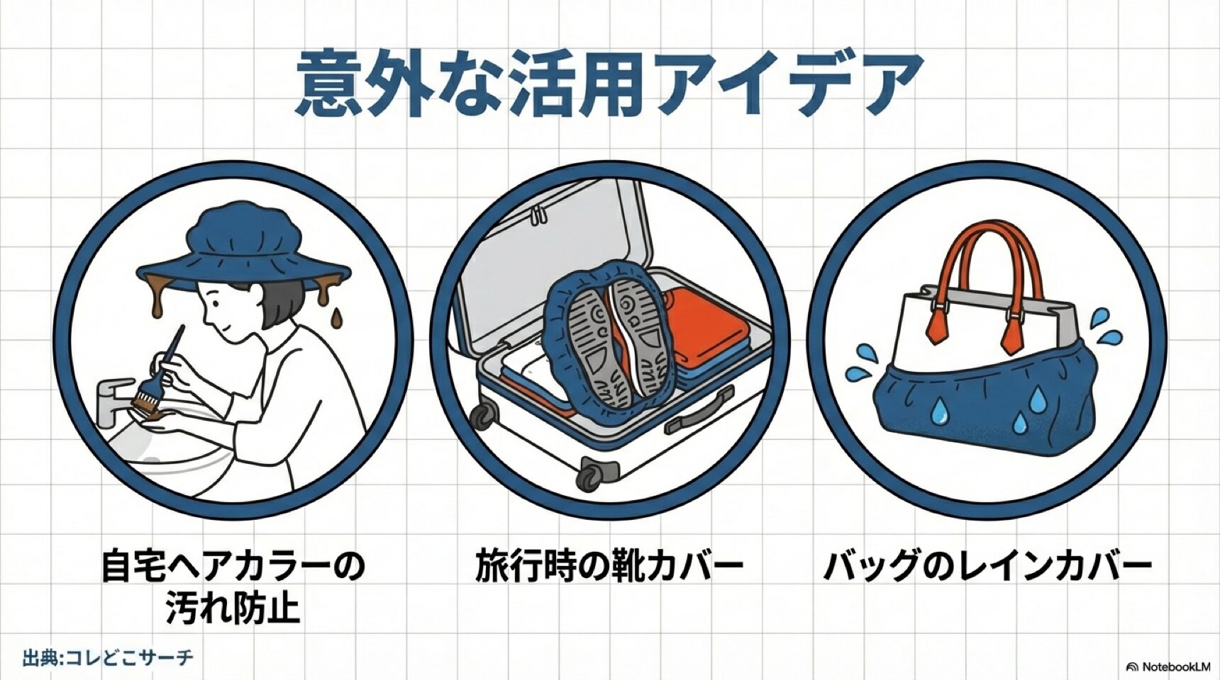 シャンプーハットの意外な活用法のイラスト集。自宅ヘアカラー時の汚れ防止、旅行カバン内の靴カバー、バッグのレインカバーとしての使用例