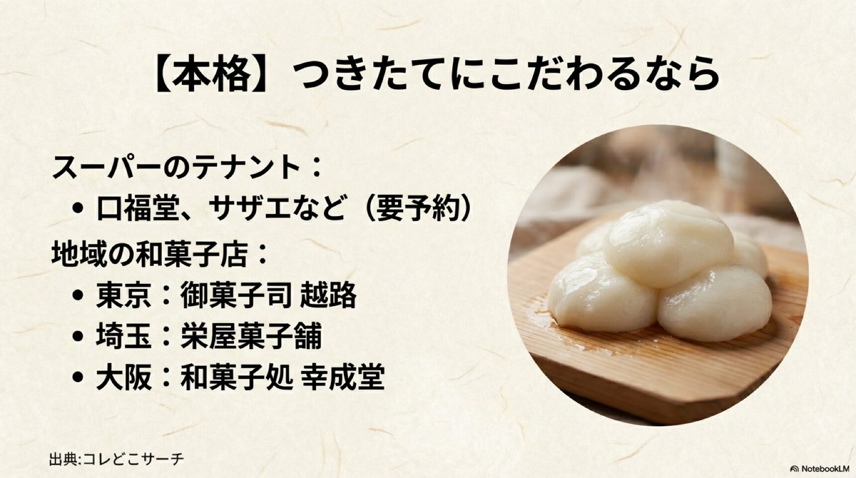 つきたての一升餅を購入できる和菓子店やスーパーのテナント つきたての一升餅を購入できる和菓子店やスーパーのテナント