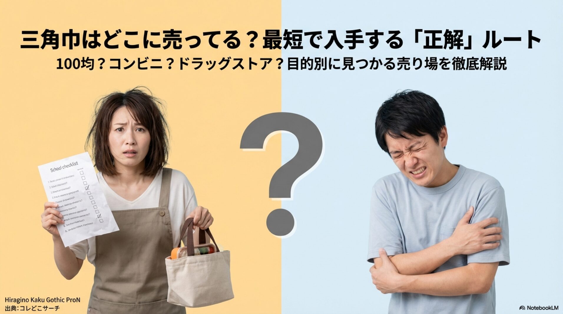 表紙(悩む女性のイラスト) 三角巾がどこに売っているかわからずチェックリストを持って困っている女性のイラスト