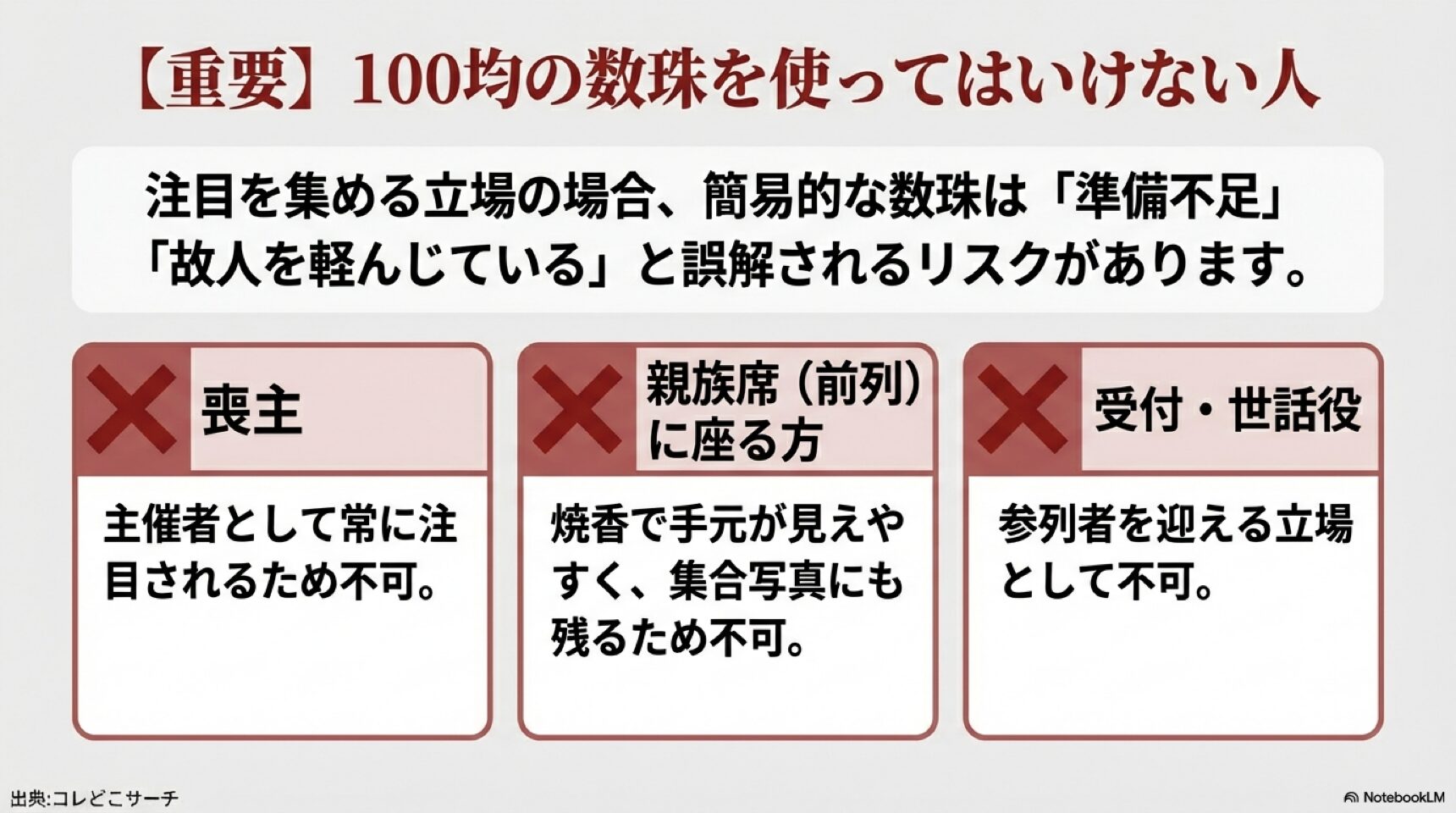 喪主、親族席に座る人、受付・世話役など、注目を集める立場の場合は100均の数珠を使用すべきではないことを示したイラスト