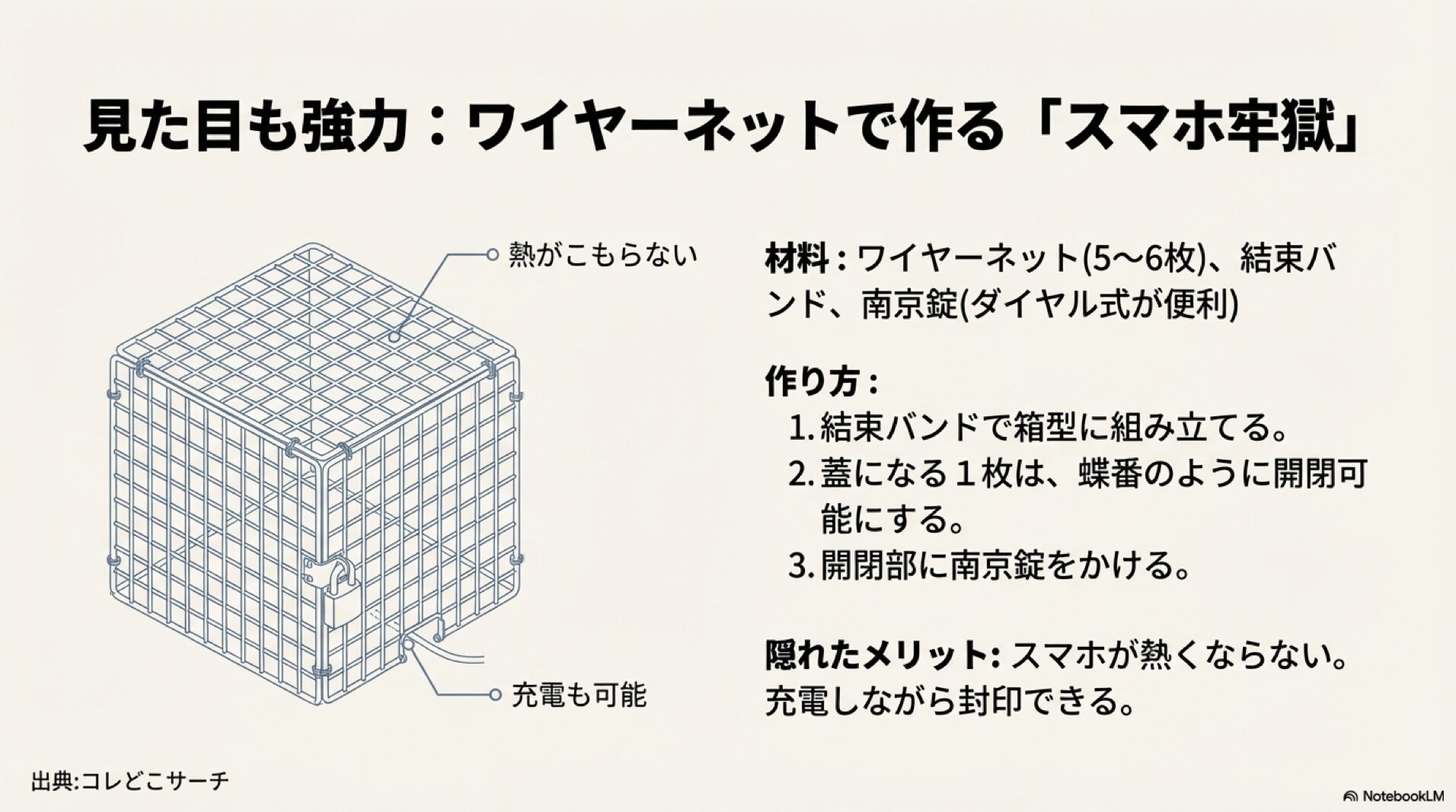 ダイソーのワイヤーネットと結束バンドで作るスマホ牢獄。熱がこもらず充電しながら封印可能。