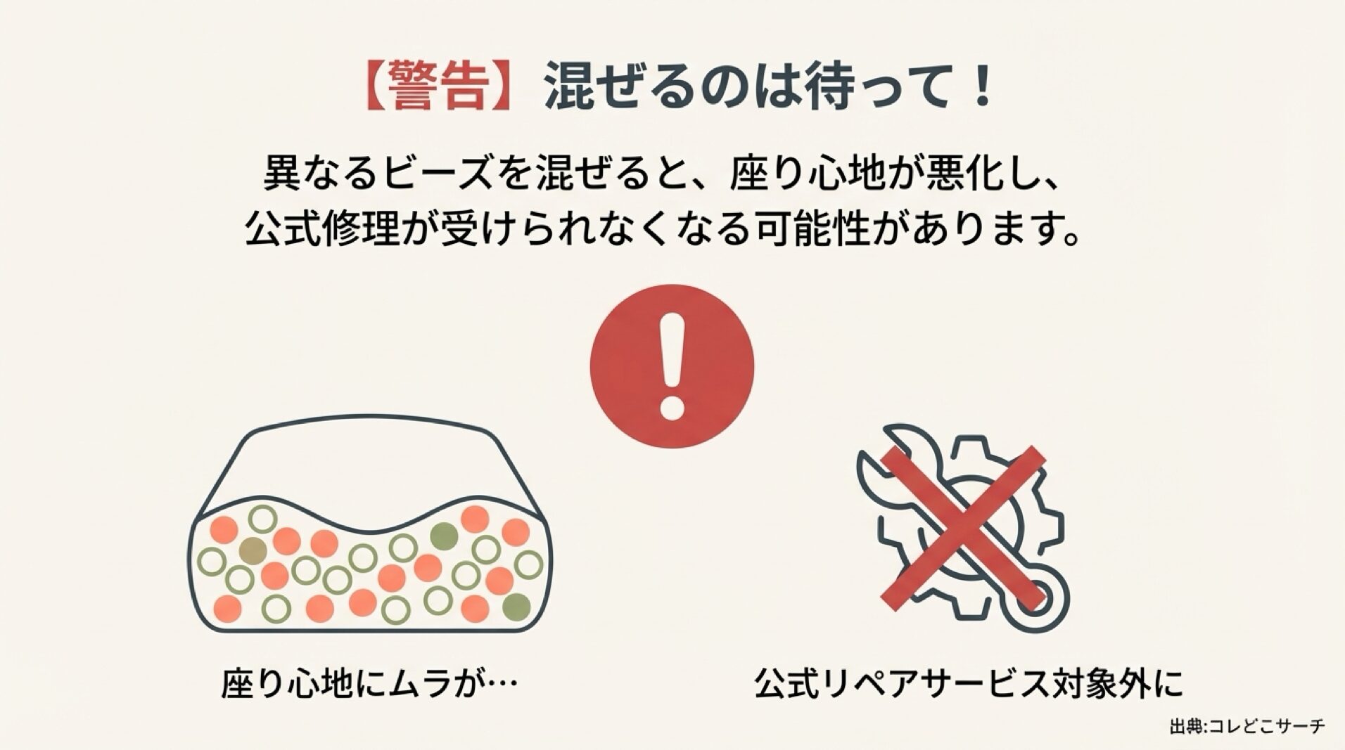 異なる種類のビーズを混ぜると修理対象外になる警告