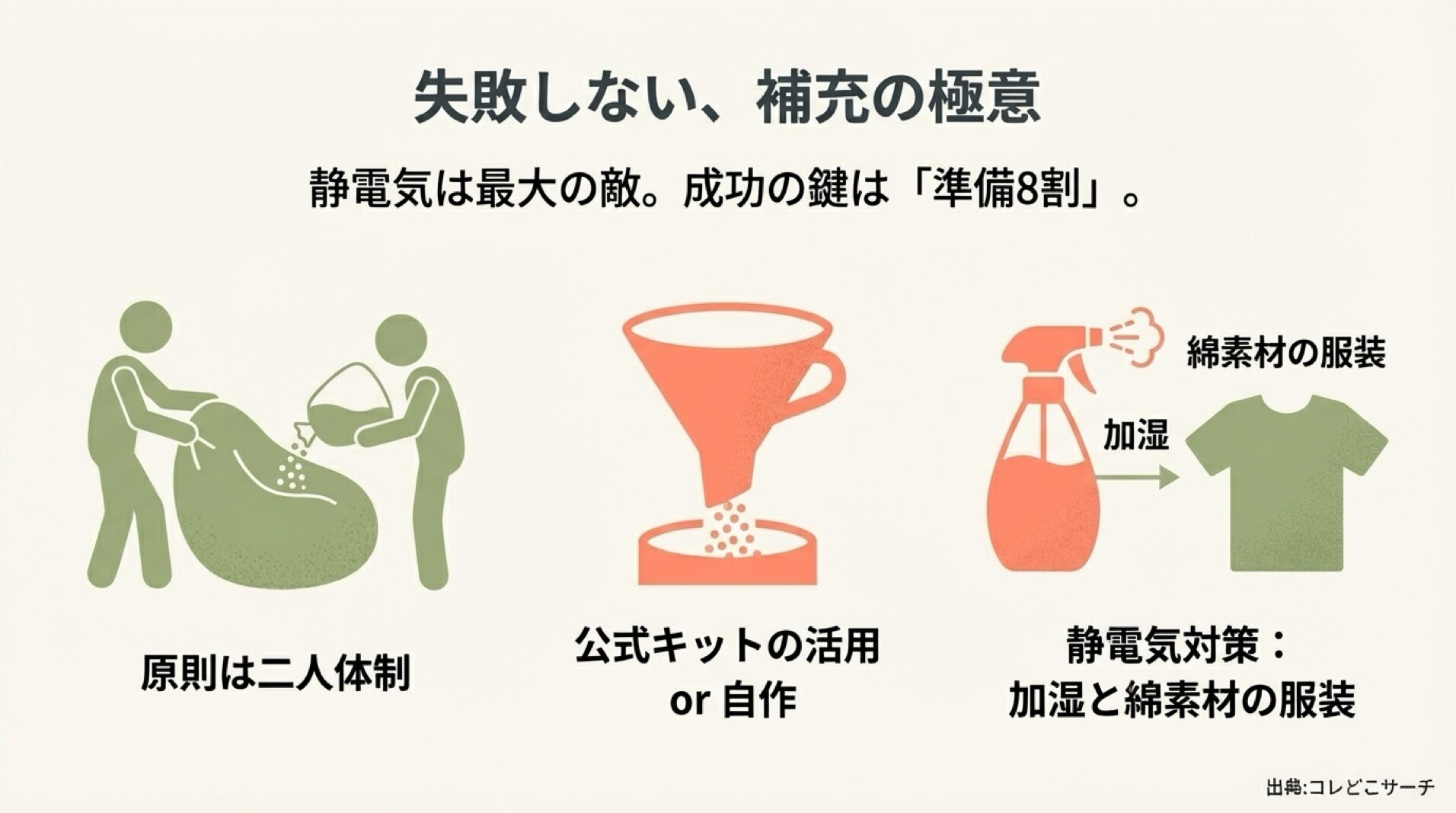 二人体制や加湿、綿素材の服装など失敗しない補充の準備