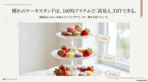 ダイソーやセリアの100円商品（皿とグラス）を組み合わせて自作した、マカロンといちごが乗った3段ケーキスタンドの完成イメージ。