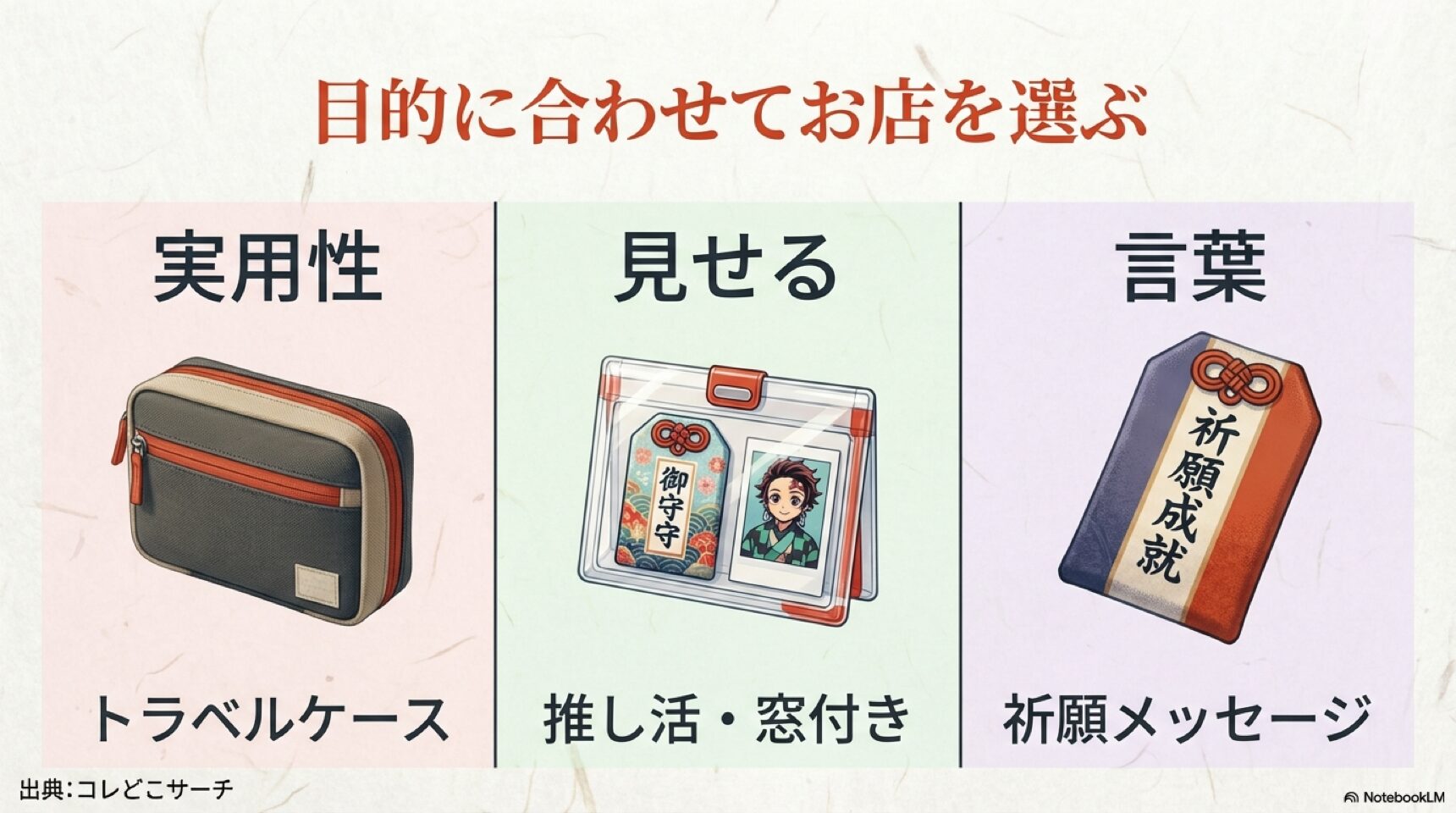 実用性のダイソー、見せる収納のセリア、言葉重視のキャンドゥという、目的別のショップ選びを解説した図解。