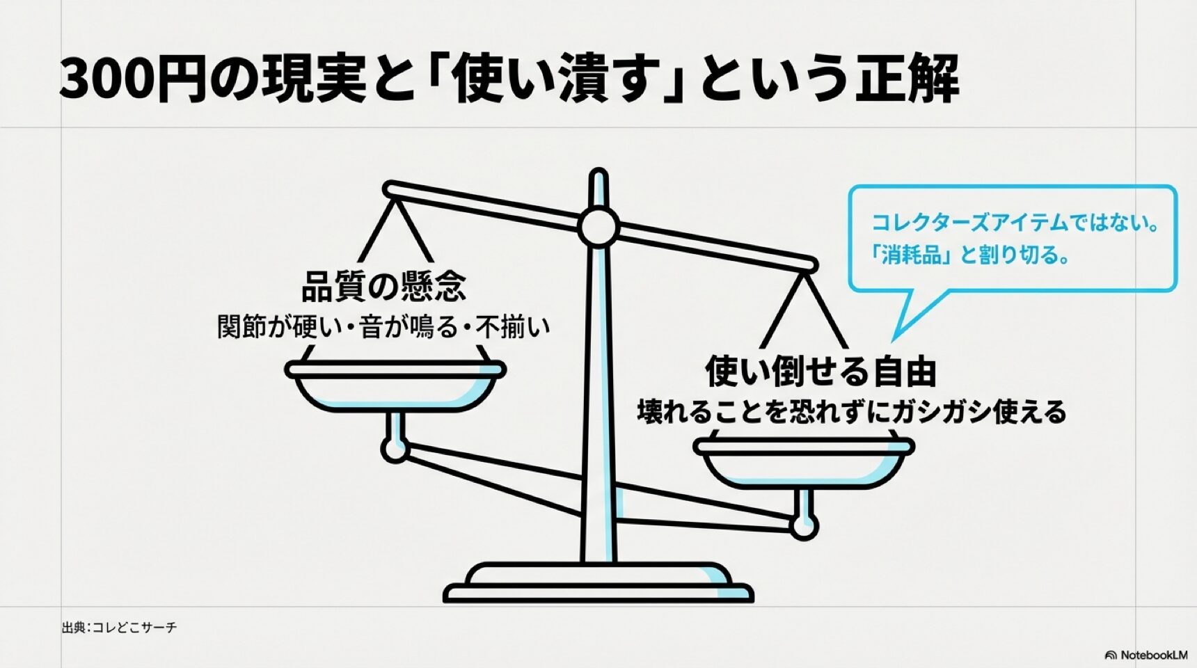 300円デッサン人形の品質と使い倒す自由のバランス 品質の懸念点よりも、壊れることを恐れずに使い倒せる自由度が上回ることを示した天秤の図
