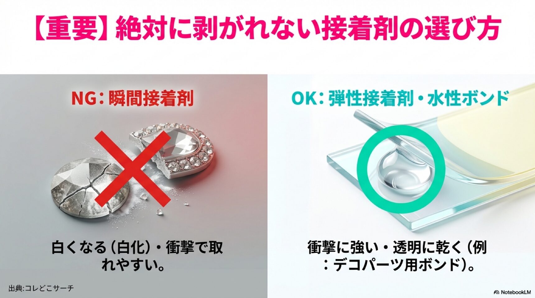 ラインストーンに適した接着剤とNGな接着剤の比較 瞬間接着剤は白化や衝撃に弱いためNG、弾性接着剤や水性ボンドは透明に乾き衝撃に強いためOKと解説する比較図。