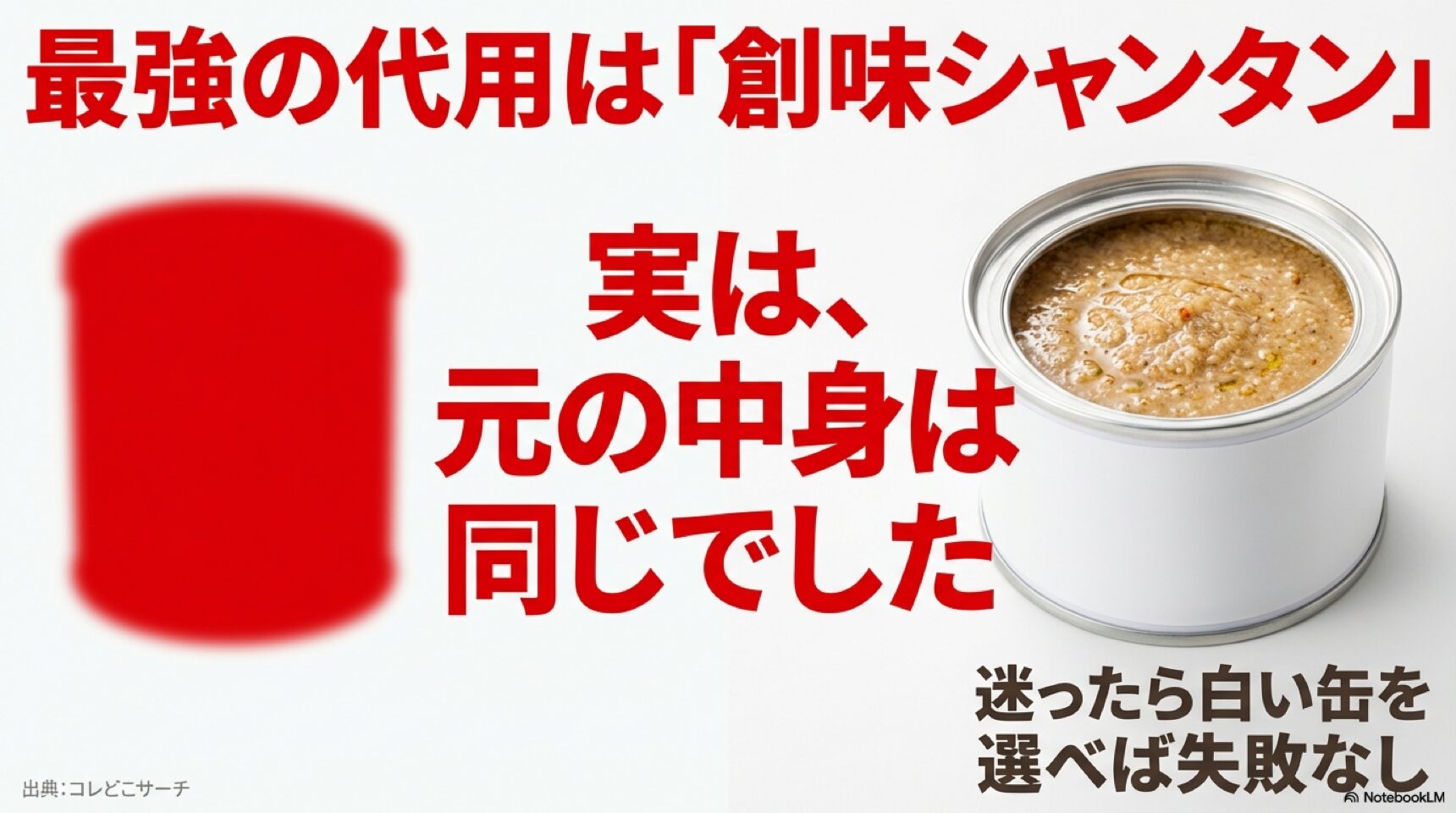 最強の代用品「創味シャンタン」 ウェイパーの最強の代用品は創味シャンタン(白い缶)。実は元の中身は同じだったという歴史的背景の解説。
