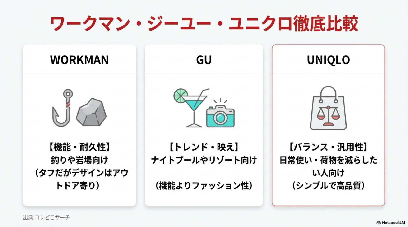 ワークマン・ジーユー・ユニクロ徹底比較 ワークマン・GU・ユニクロそれぞれの機能・トレンド・汎用性の比較チャート