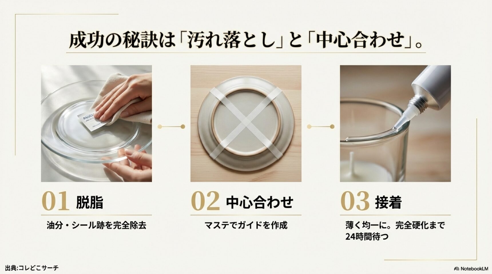 ケーキスタンドDIYの成功の秘訣は汚れ落としと中心合わせ アルコールでの脱脂、マスキングテープを使った中心出し、接着剤の塗布という、ケーキスタンドを美しく丈夫に作るための3つのステップ解説図。