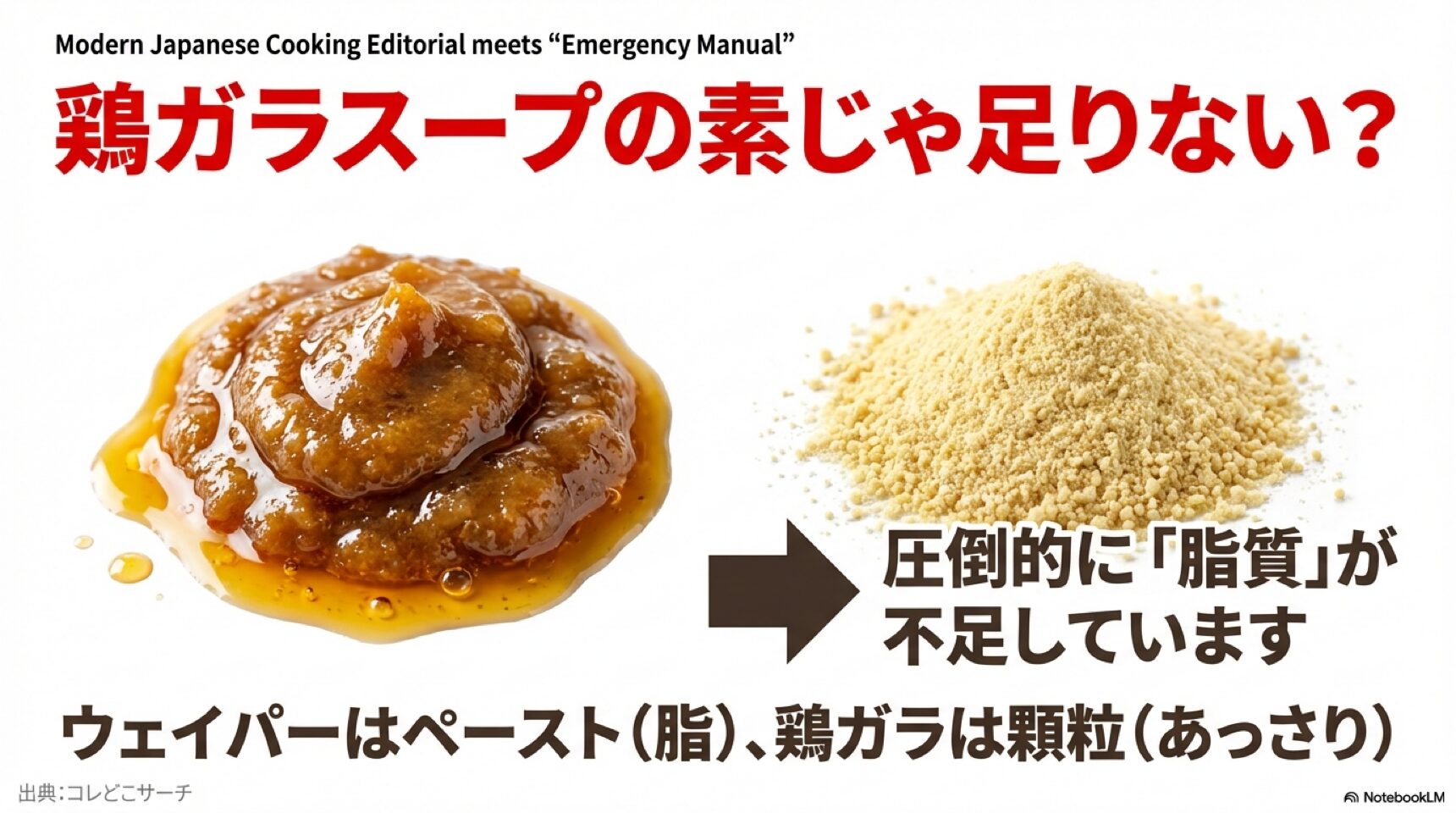 ウェイパーはペースト状で脂質が多く、鶏ガラスープは顆粒であっさりしているため、代用には脂質が不足しているという説明。