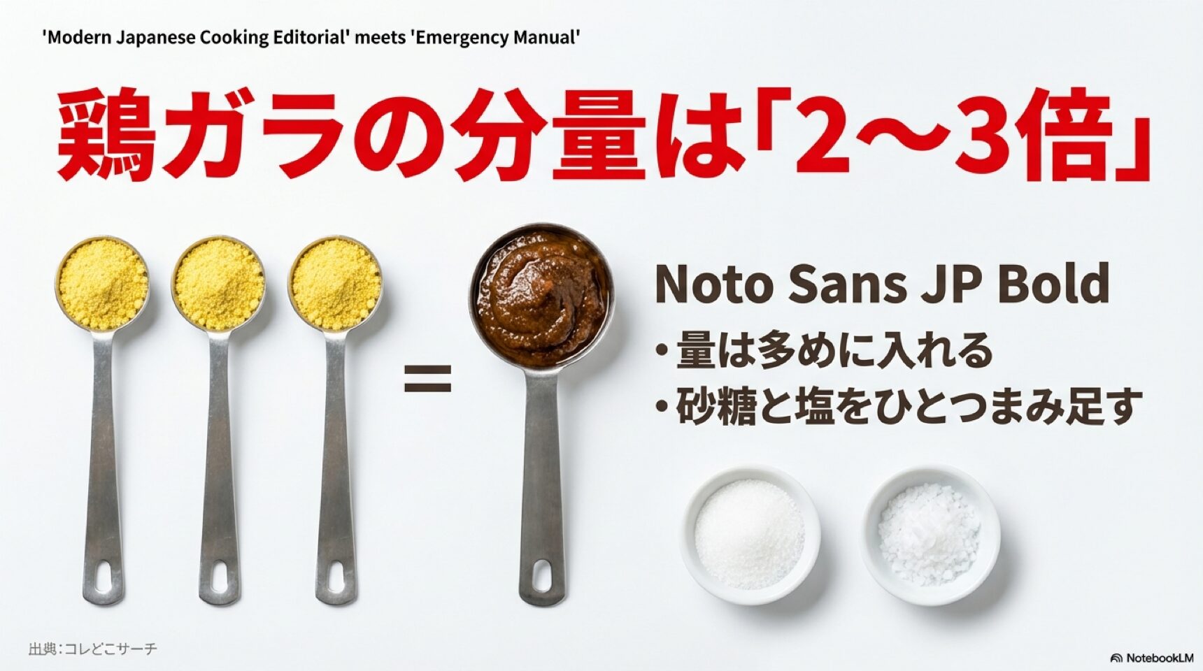 鶏ガラスープの代用分量は2〜3倍 ウェイパーの代わりに鶏ガラスープを使う時は、分量を2倍から3倍にし、砂糖と塩をひとつまみ足す黄金比の解説。