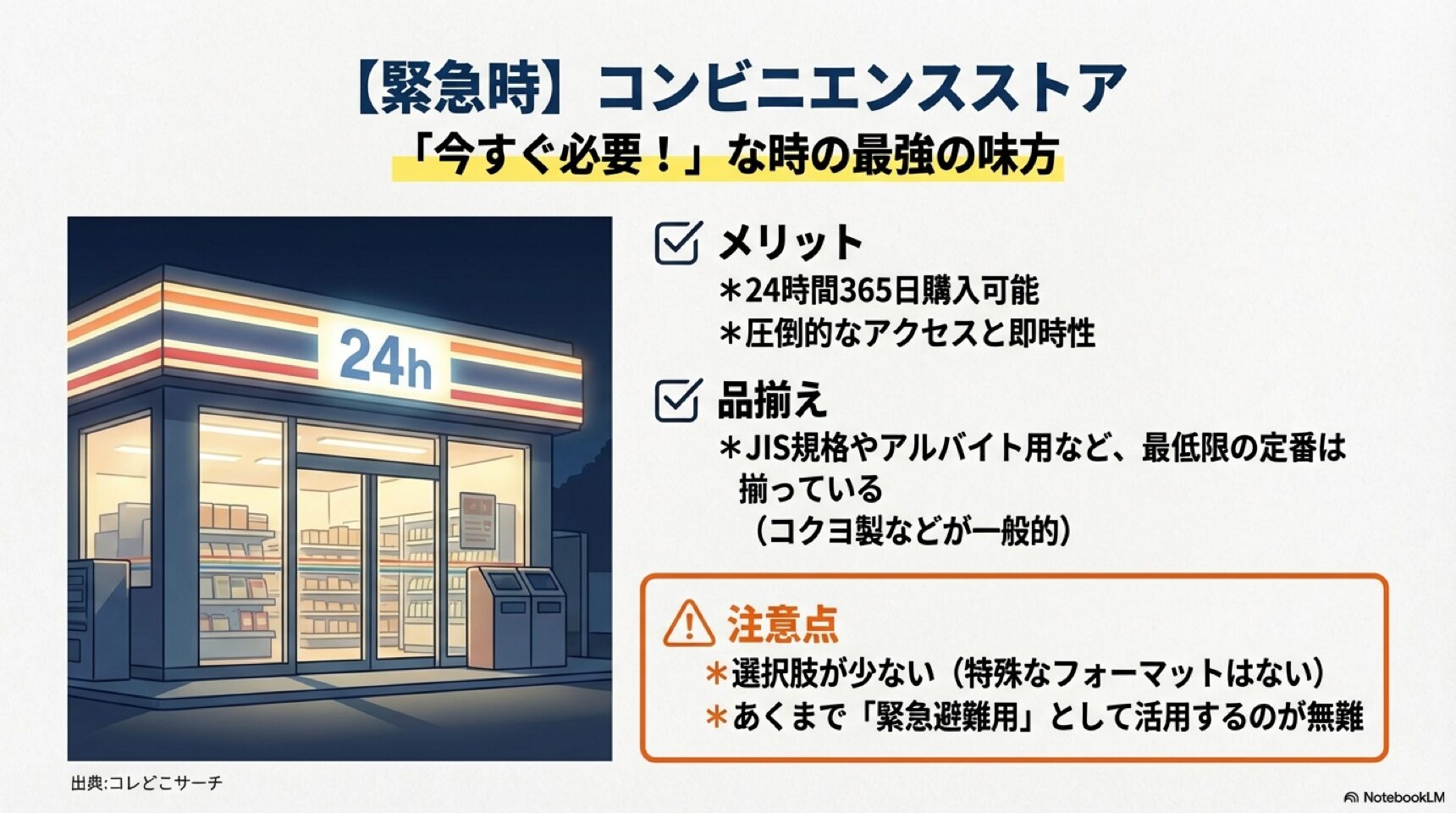 深夜のコンビニエンスストアのイラスト。24時間即入手可能だが選択肢が少ないという特徴解説。