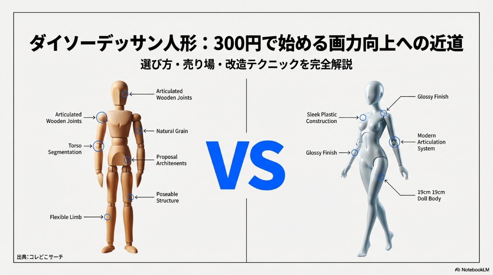 ダイソーデッサン人形の木製モデルとドールボディ比較 ダイソーで販売されている木製デッサン人形とプラスチック製ドールボディの特徴と違いを比較した図解