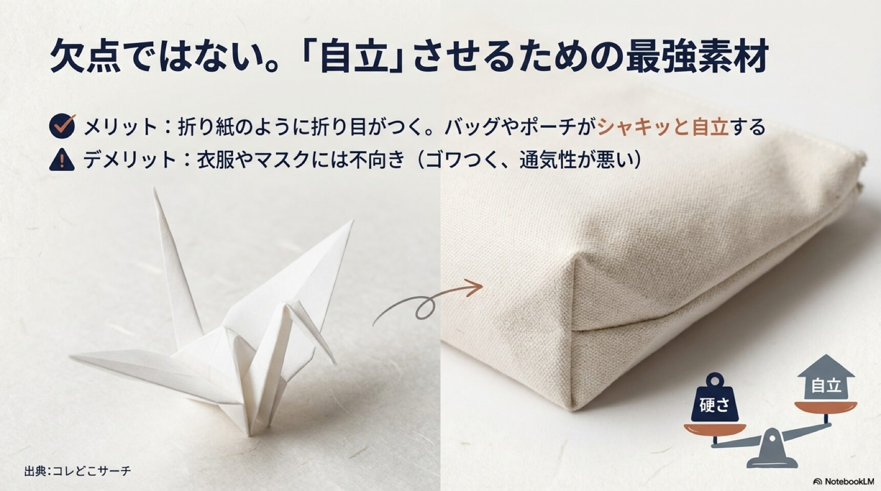 daiso-interfacing-stiffness-balance.jpg 接着芯の硬さは欠点ではなくバッグを自立させるためのメリットであることを示す図