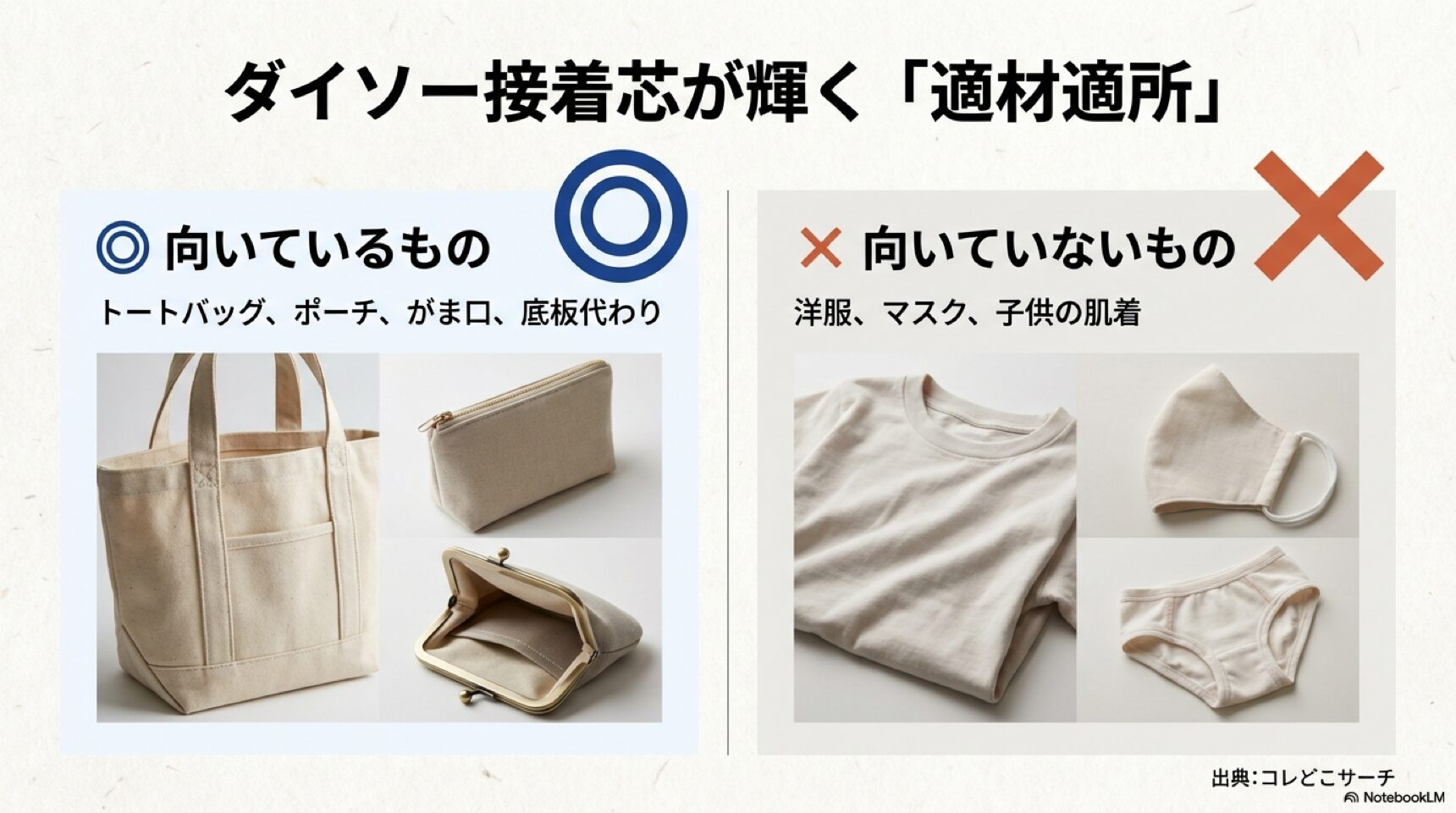 daiso-interfacing-suitable-items-list.jpg ダイソー接着芯の使用に向いているトートバッグやポーチと不向きな洋服やマスクの比較リスト