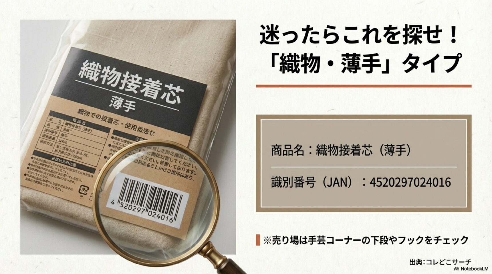 daiso-woven-interfacing-package-jan-code.jpg ダイソーの手芸売り場で販売されている織物接着芯(薄手)のパッケージとJANコード