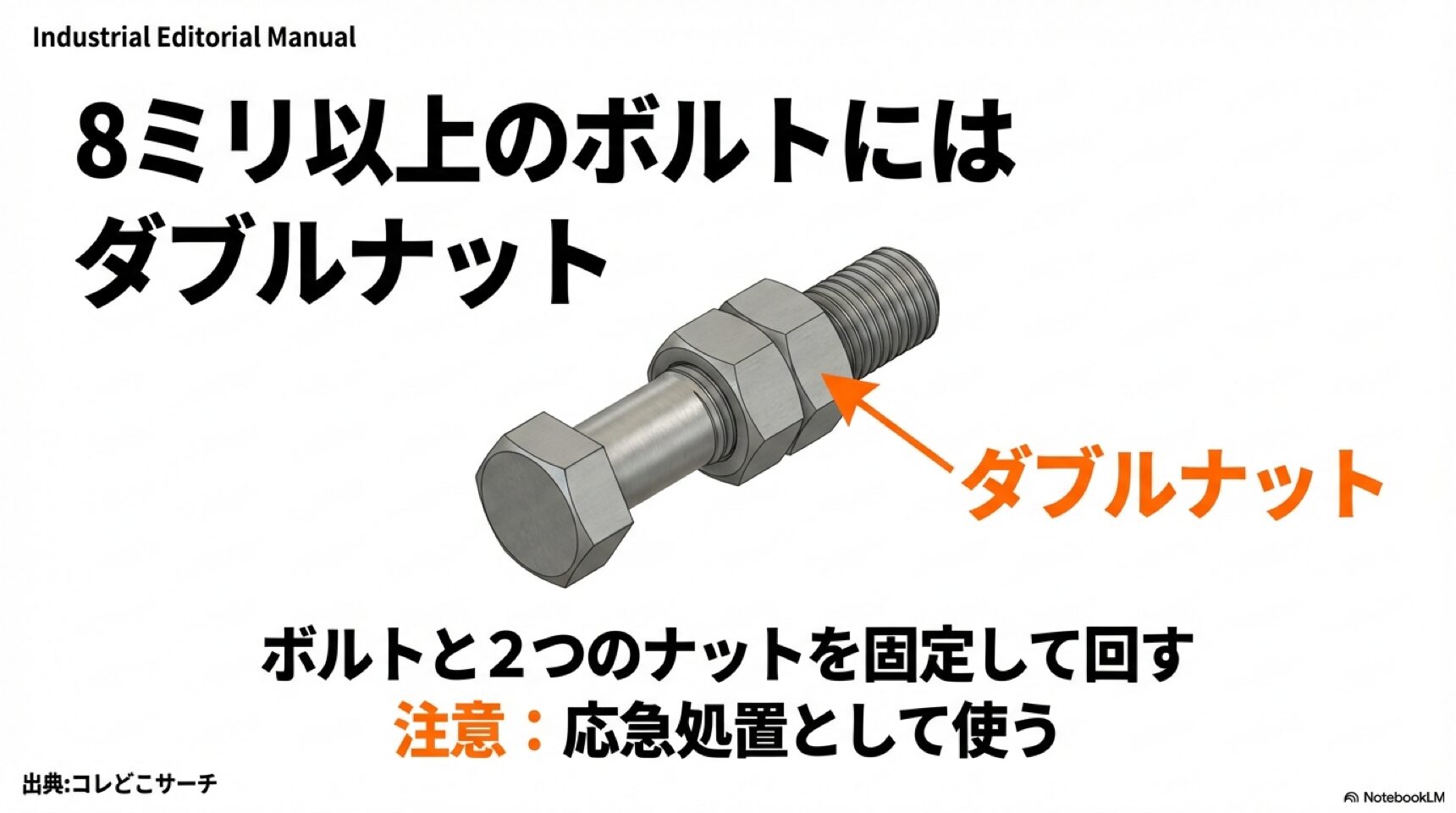 ボルトに2つのナットを固定し、スパナで回すことで大きな六角ボルトを回す応急処置の解説図。