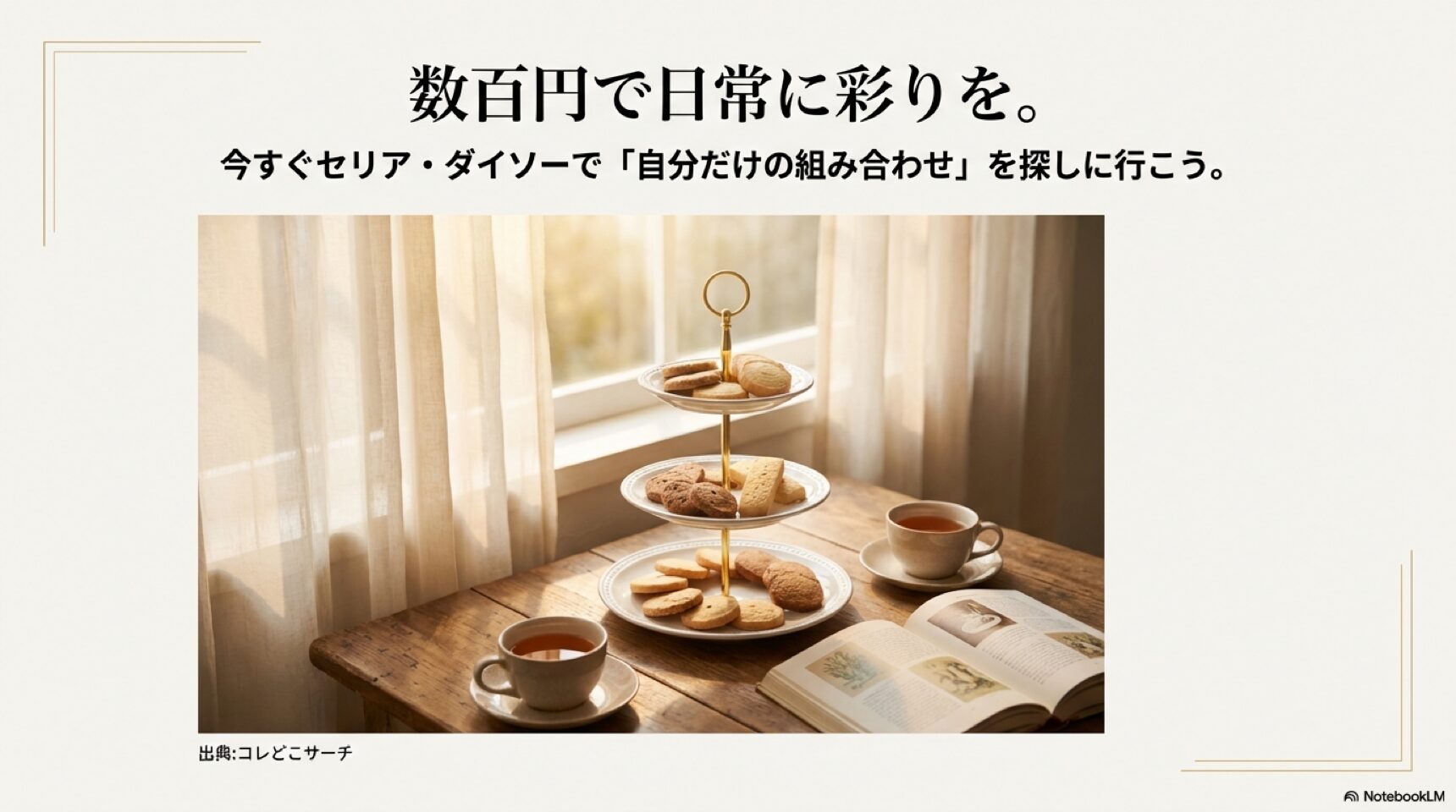 数百円で日常を彩るオリジナルティータイム 窓辺で楽しむ優雅なティータイムのイメージ写真。手作りのスタンドにクッキーを乗せ、日常に彩りを添えるライフスタイルの提案。