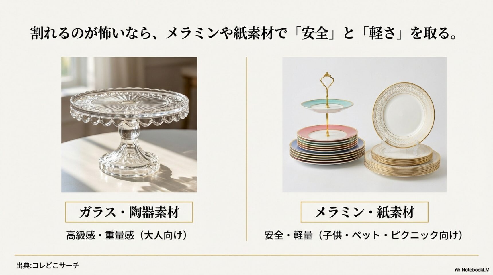 【重要】食品衛生法への配慮と接着剤の取り扱い 食品を直接置く際の注意点。一般的な接着剤は食品衛生法非対応のため、ペーパーナプキンや小皿を敷いて使用することを推奨する警告画像。