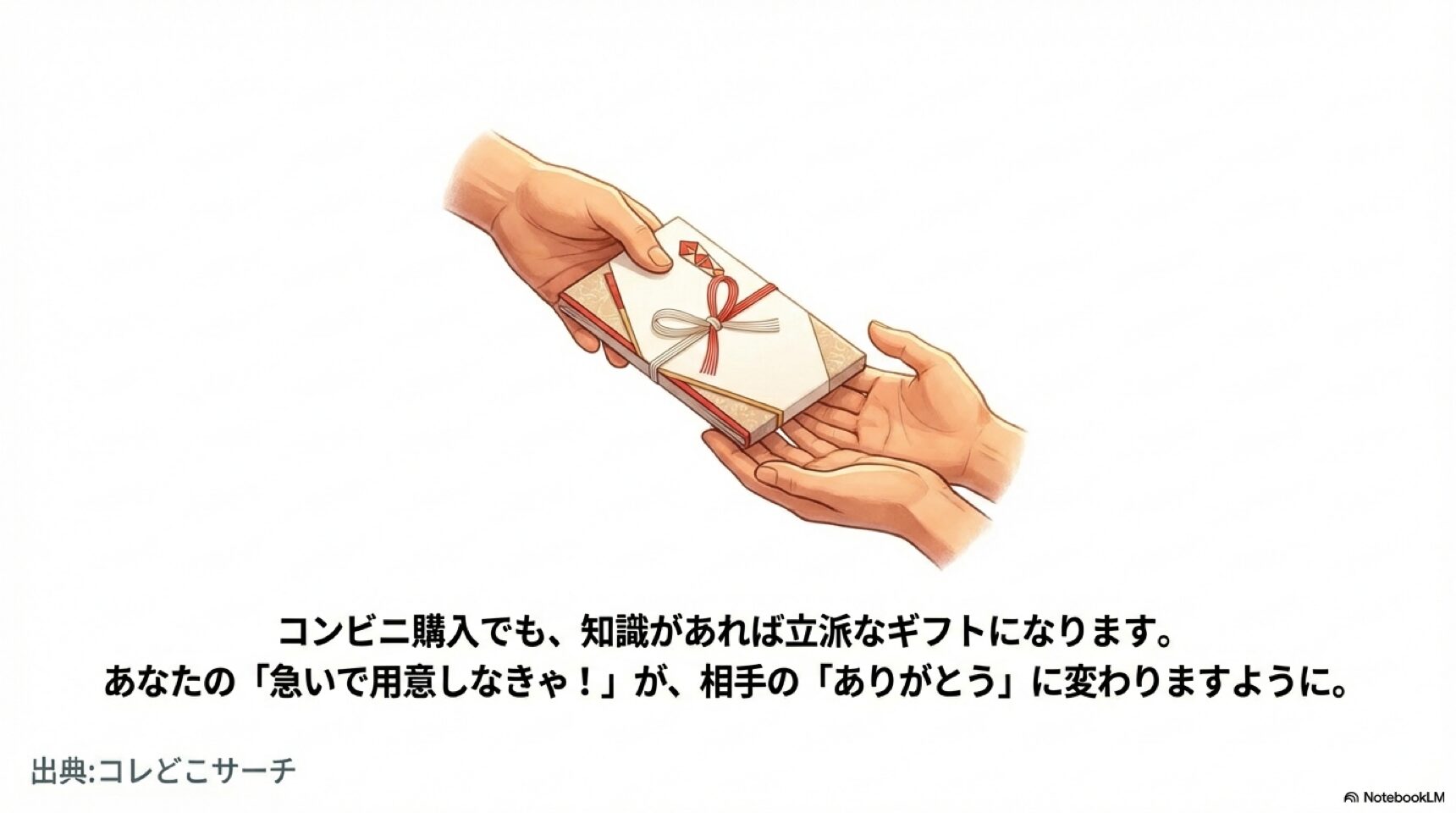 感謝を伝えるギフトのマナー 知識があればコンビニ購入でも立派なギフトになることを伝えるのし袋を手渡すイラスト