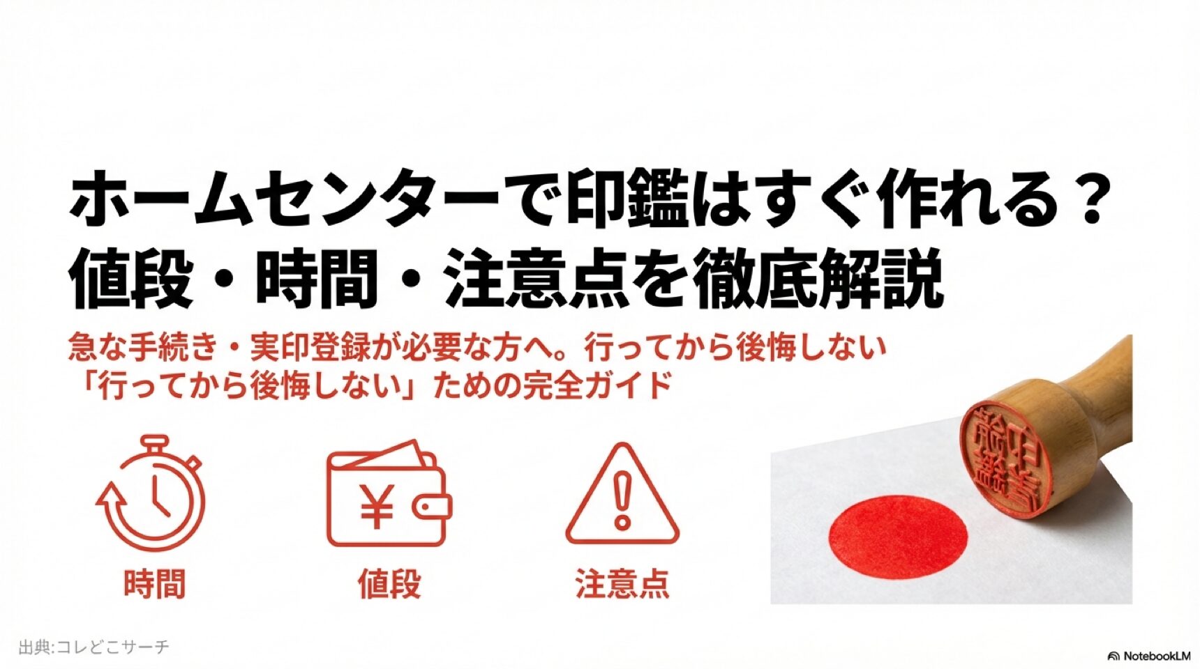 ホームセンター印鑑の基本要素 ホームセンターで印鑑を作る際の時間・値段・注意点の概要イラスト