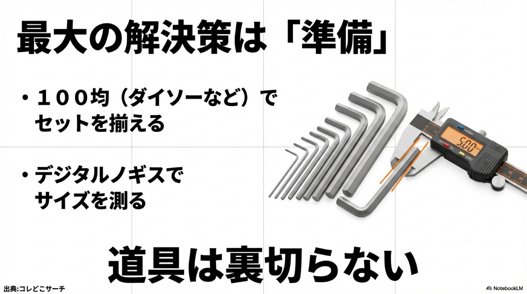 100均でのセット購入やデジタルノギスでのサイズ測定など、正しい道具を揃えることの重要性のまとめ。