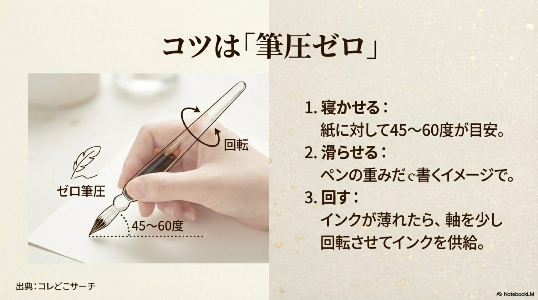 ガラスペンの書き方のコツ 筆圧ゼロと角度45〜60度