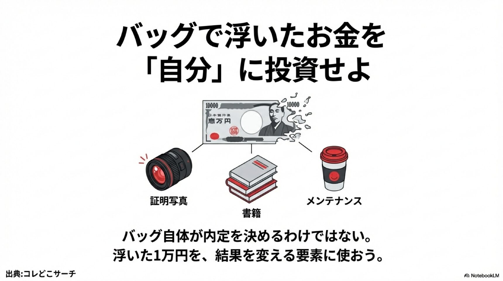 バッグで浮いたお金を証明写真や書籍など自分への投資に回す提案