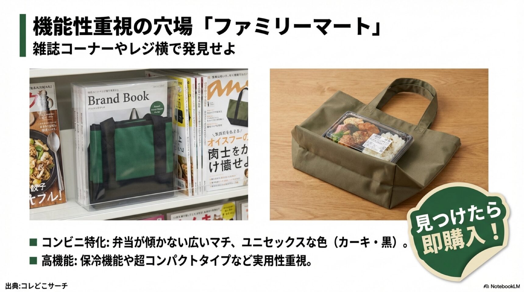 機能性重視の穴場・ファミリーマート ファミリーマート限定の紀ノ国屋エコバッグ。機能性重視のブランドブック形式。