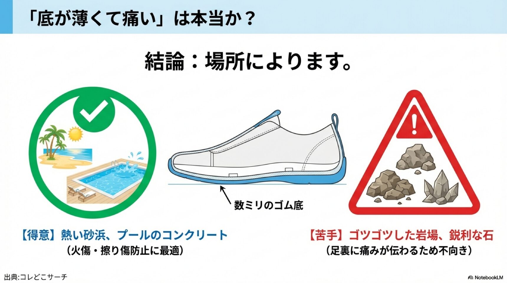 底が薄くて痛い場所と得意な場所 ダイソーマリンシューズの靴底の薄さに関する注意点。熱い砂浜やプールは得意だが、ゴツゴツした岩場は苦手であることを示すイラスト。