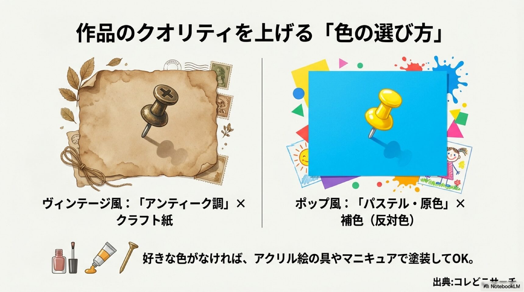 動くおもちゃを作るコツ、紙とピンの間にハガキ1枚分の隙間を作る方法