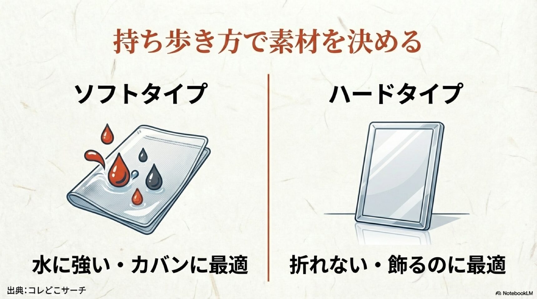 水に強くカバンに適したソフトタイプと、折れ曲がり防止や鑑賞に適したハードタイプの比較図。
