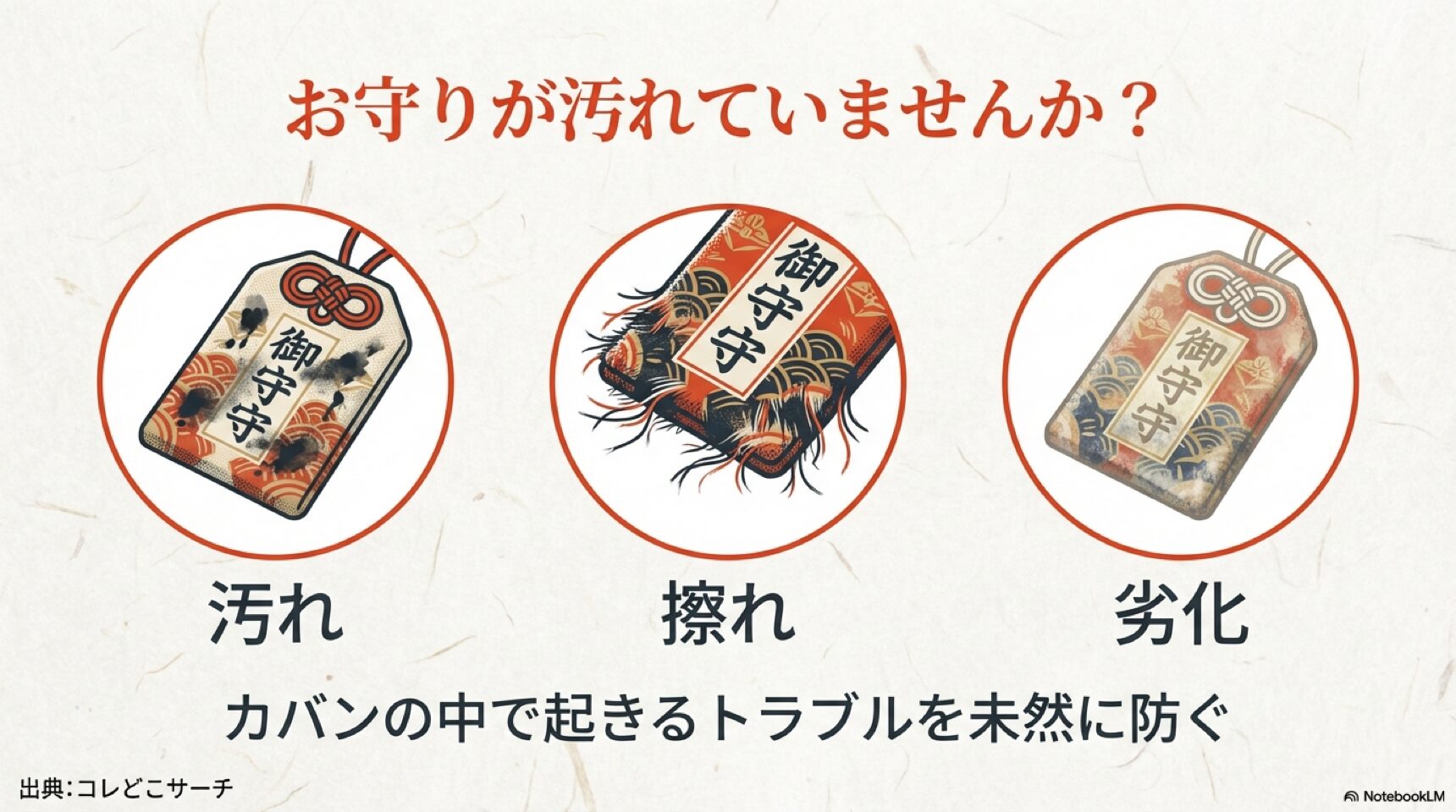 カバンの中で起きるお守りの汚れや擦れ、劣化のイメージと、それを防ぐ「御守守（おまもりもり）」のコンセプト図。
