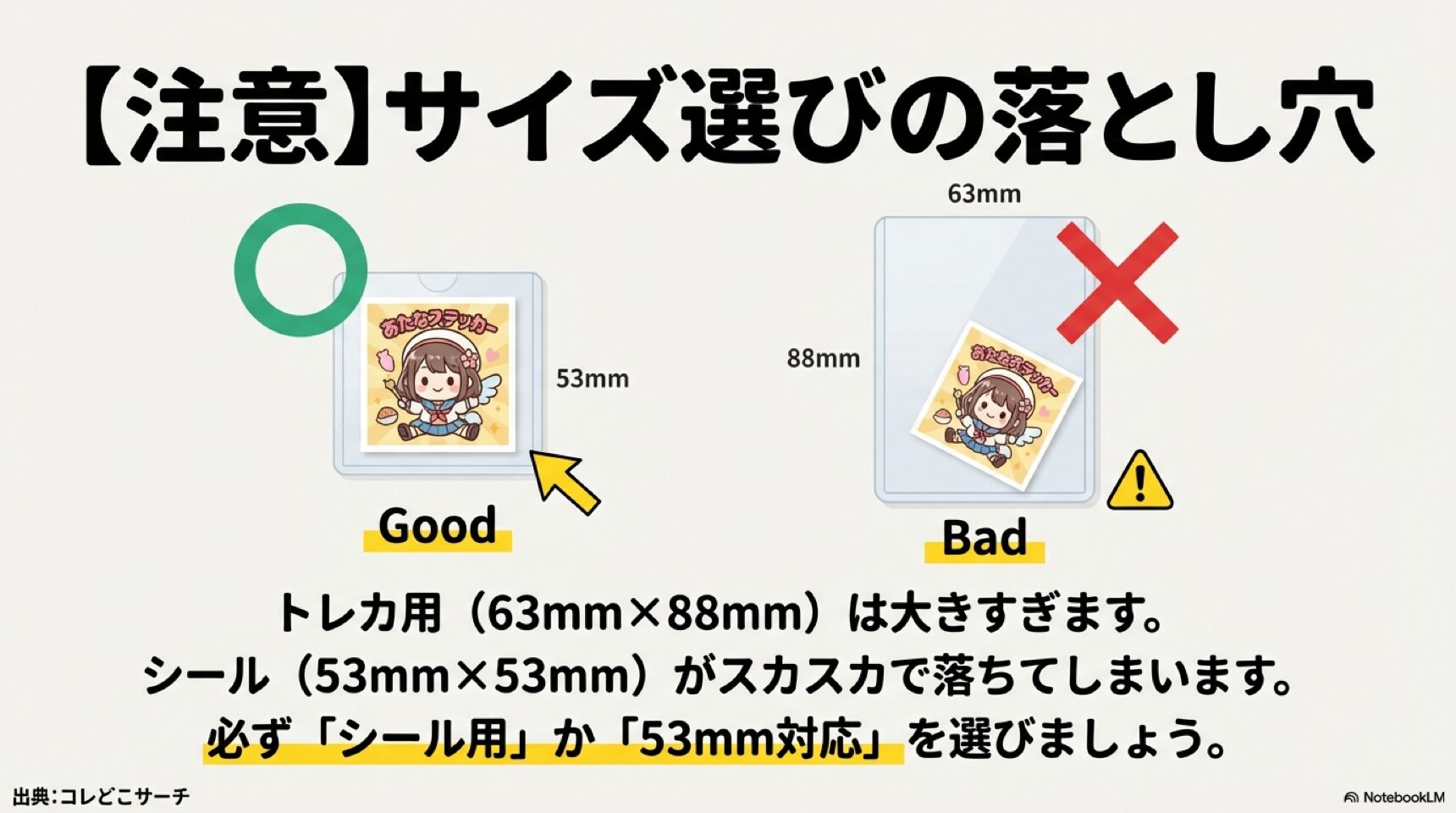 【注意】サイズ選びの落とし穴 トレカ用サイズは大きすぎるため、ポケモンパンシール(53mm角)に適したサイズを選ぶための注意喚起